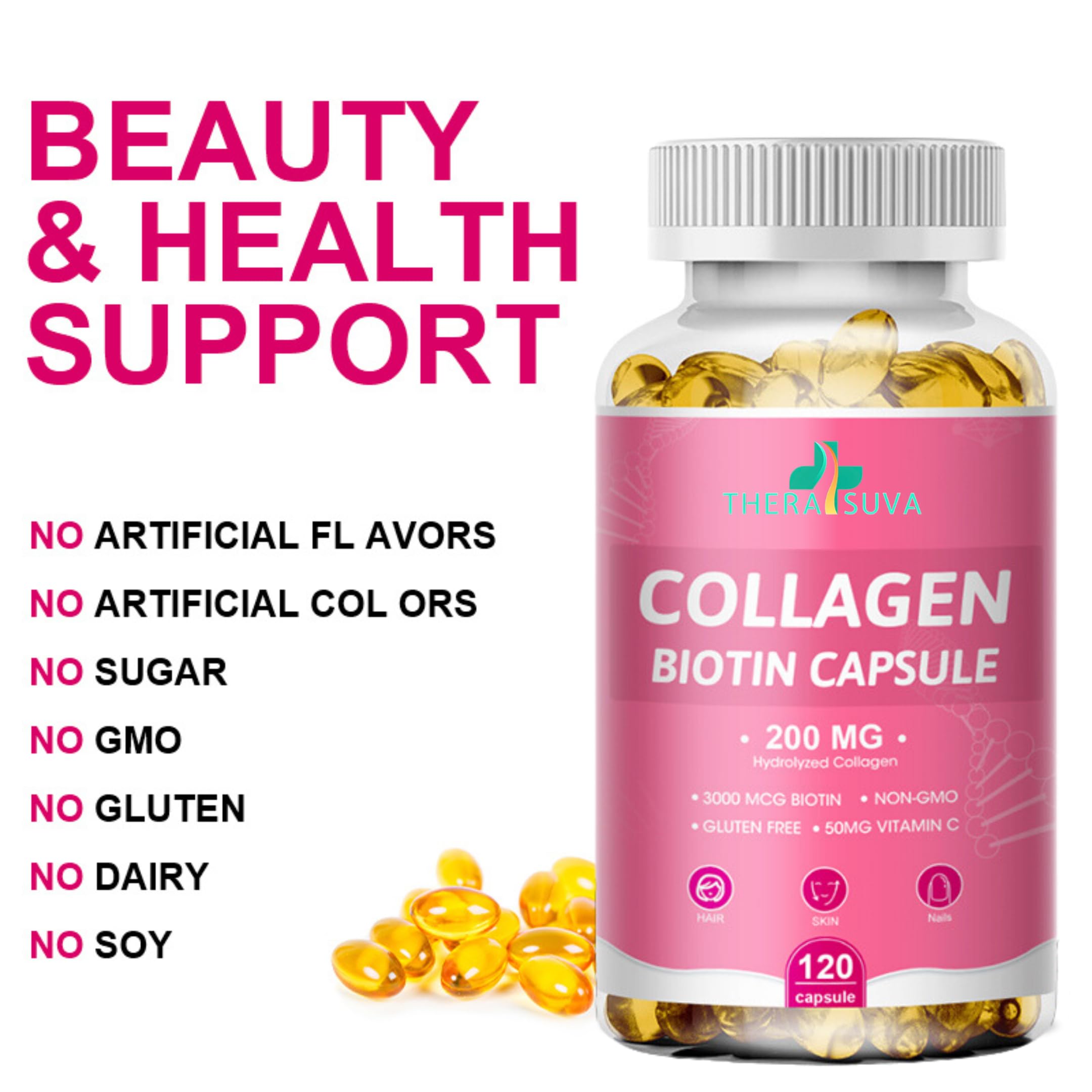 Multi Collagen Complex 200MG + Biotin 3000MCG + Vitamin C 50MG Per Serving! Promotes Healthy Hair, Beautiful Skin, and Nail Support! 120 Capsules, 60 Day Supply
