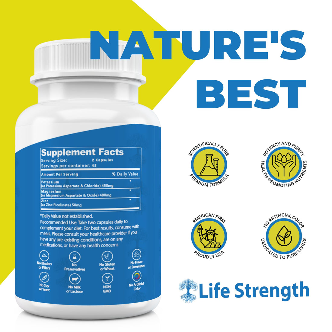 Life Strength Magnesium Potassium Supplements + Zinc 90 Capsules for Vascular Health – High Absorption Vegan, Natural ingredients Supplement for Leg Cramps and Sleep