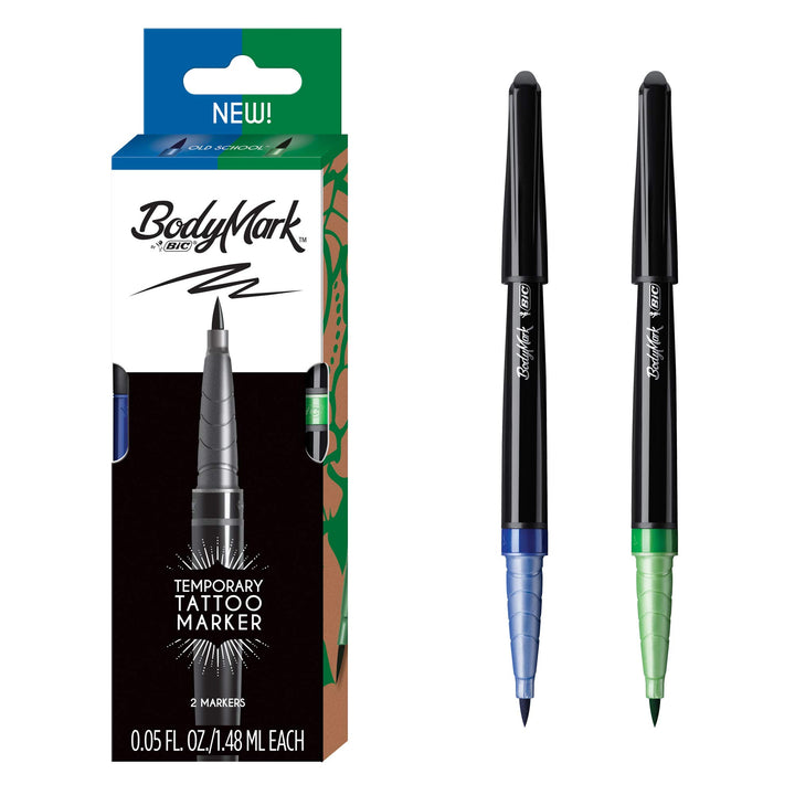 BodyMark by BIC, Temporary Tattoo Marker, Old School Inspiration, Skin Safe, Brush Tip, Assorted Colors, 2-Pack
