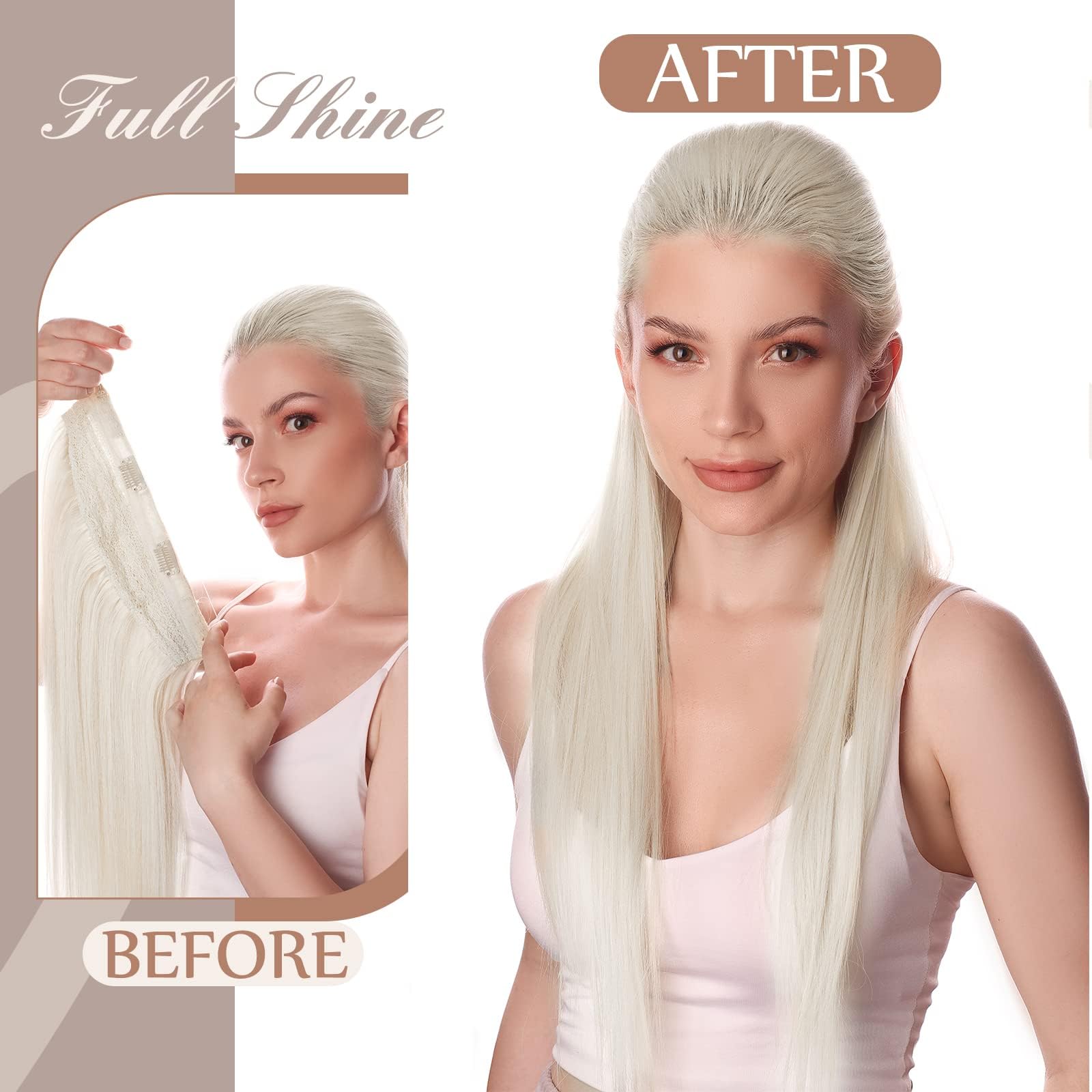 Fshine Headband Hair Extensions Human Hair Hidden Wire Crown Extensions Lightest Blonde 16Inch Invisible Extensions Human Hair for Thin Hair 80G Secret Human Hair Extensions with Transparent Wire