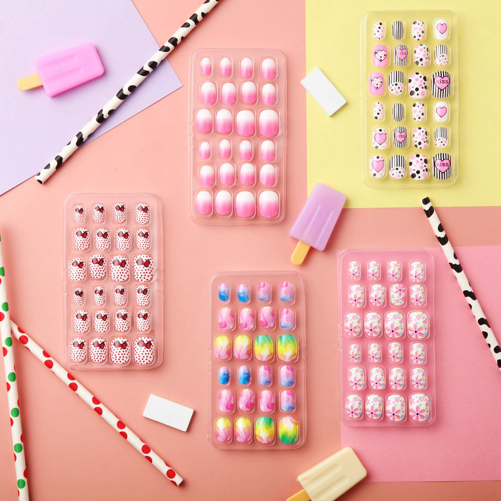 120 Pieces Girls Press on Nails Fake Nails Artificial Nail Tips Children Full Cover Short False Fingernails for Girls Kids Nail Art Decoration (Sweet Pattern)