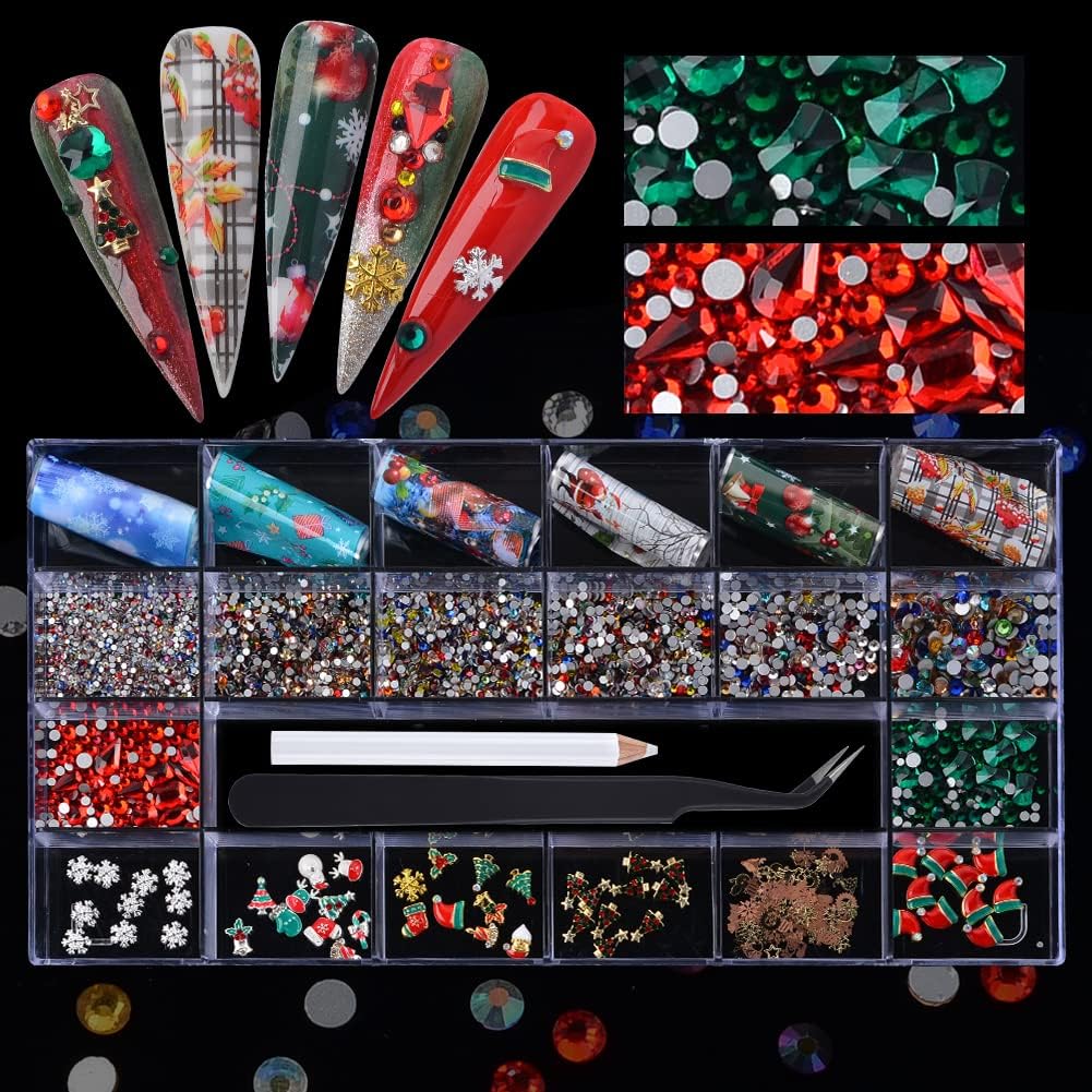 MELINDS Nail Art 3D Mixed Crystal Rhinestone Micro Gems DIY Metal Alloy Christmas Decoration Nail Art Foil Stickers Decal Glitter Kit for Nail Charms Props with Rhinestones Picker