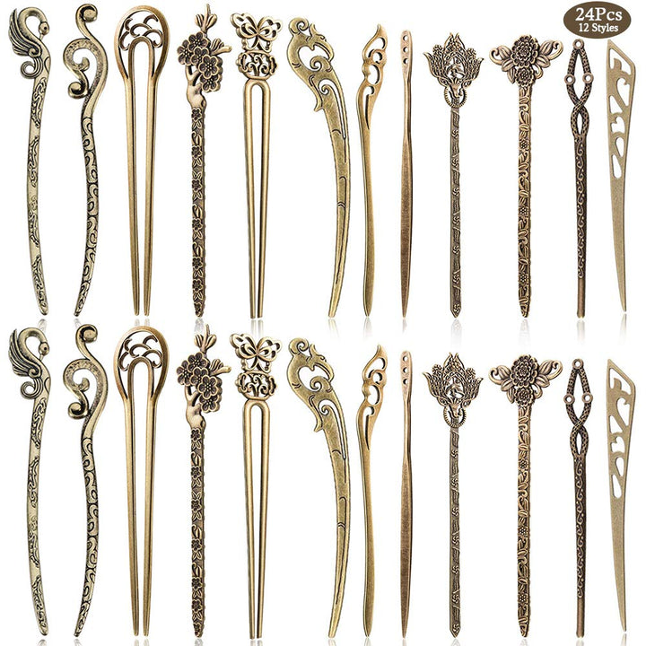 24 Pieces Chinese Women Hair Sticks, AUHOKY Vintage Bronze Decorative Hair Pin Chopsticks, Antique Retro Hair Forks for Hair DIY Accessory, 12 Styles