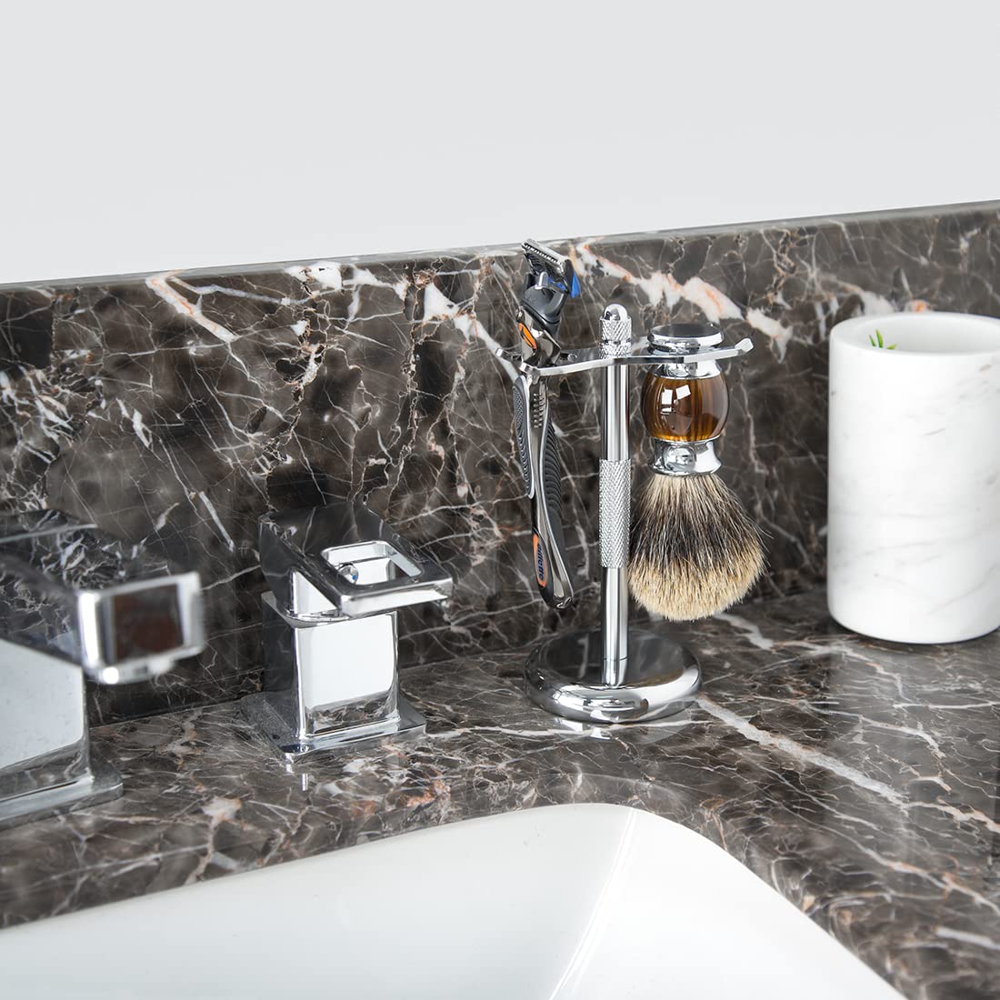 Linkidea Stainless Steel Safety Razor Stand, Brush Shaving Holder, Deluxe Men's Shaving Holder Base, Brush and Razor Holder Stand with Non-slip Base (2 Prong)