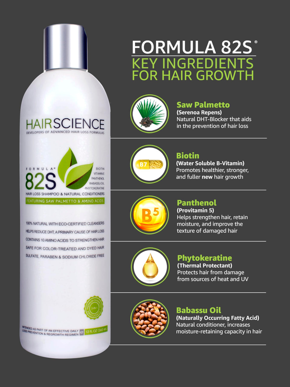 Hair Science Formula 82S | Hair Loss Shampoo With Natural Conditioners | Contains Dht-Blocker: Saw Palmetto + Panthenol, Biotin, Phytokeratine, Vitamin E, Babassu Oil, Seaweed Extract & Amino Acids