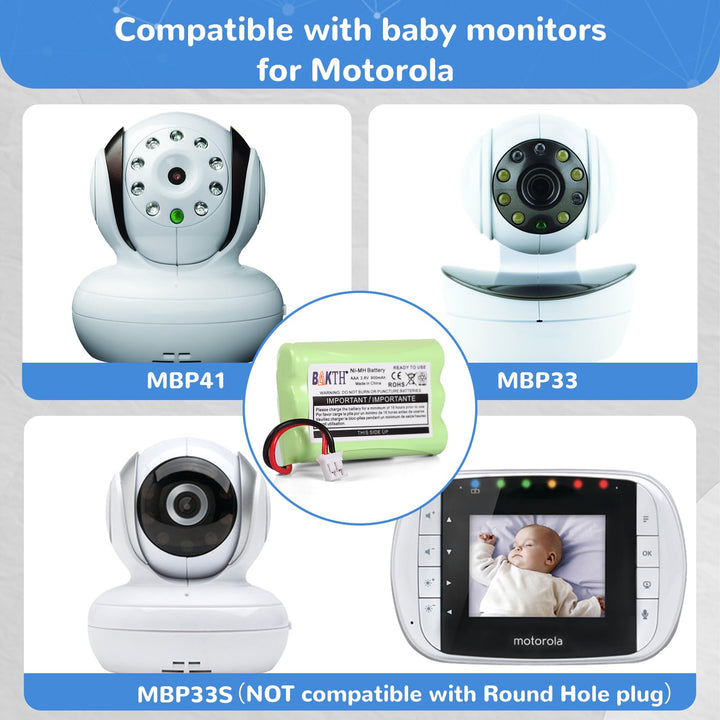 BAKTH 900mAh 3.6V Ni-MH Square-Hole Plug Battery for Motorola MBP33 MBP33S MBP33PU MBP35 MBP36 MBP36S MBP36PU MBP41 MBP43 Baby Monitor (Don't fit MBP33S MBP36 MBP36S with Round Hole Plug)