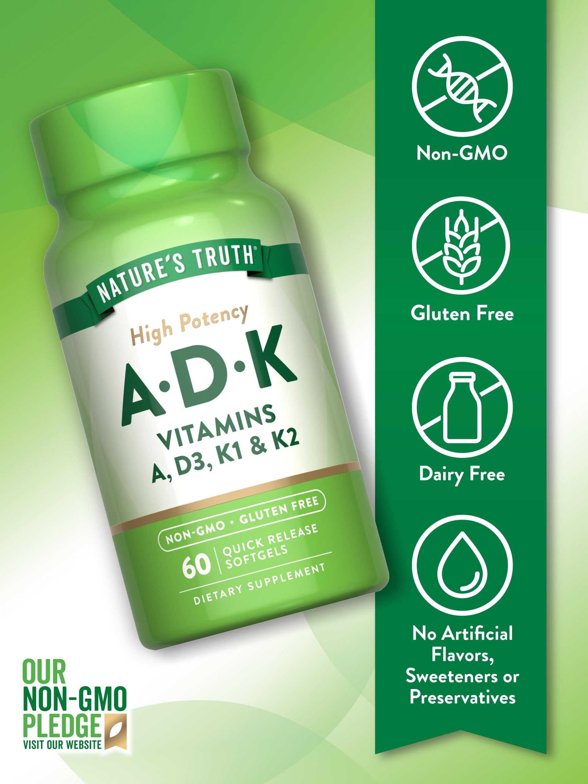 Nature's Truth Vitamin ADK | 60 Softgels | High Potency of Vitamin A, D3, K1 & K2 | Non-GMO & Gluten Free Supplement