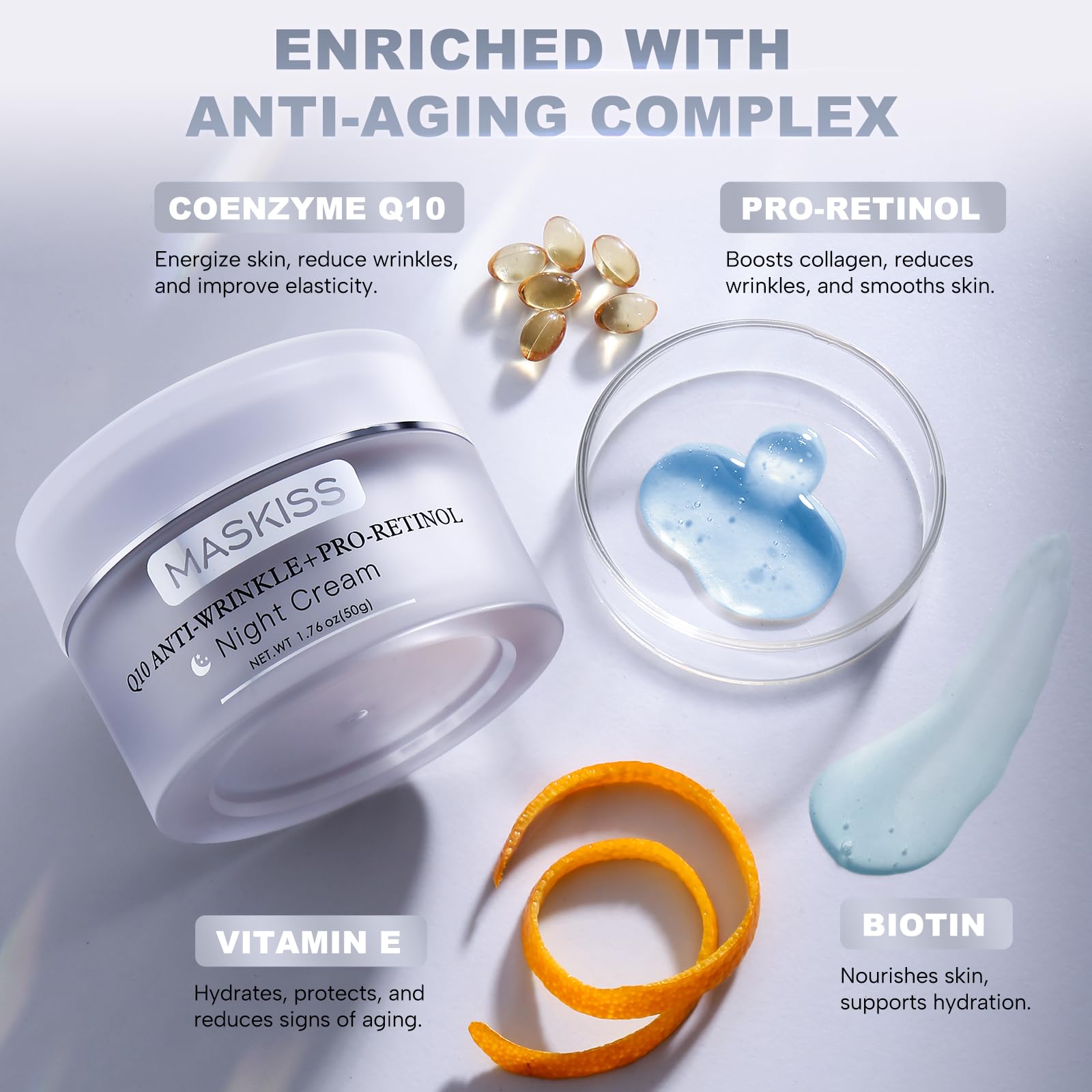 Maskiss Q10 Anti-Wrinkle Night Cream + Pro-Retinol, Unscented Anti-Aging Face Moisturizer for Sensitive Skin, Firming Face and Neck Cream, 1.76 Oz Jar