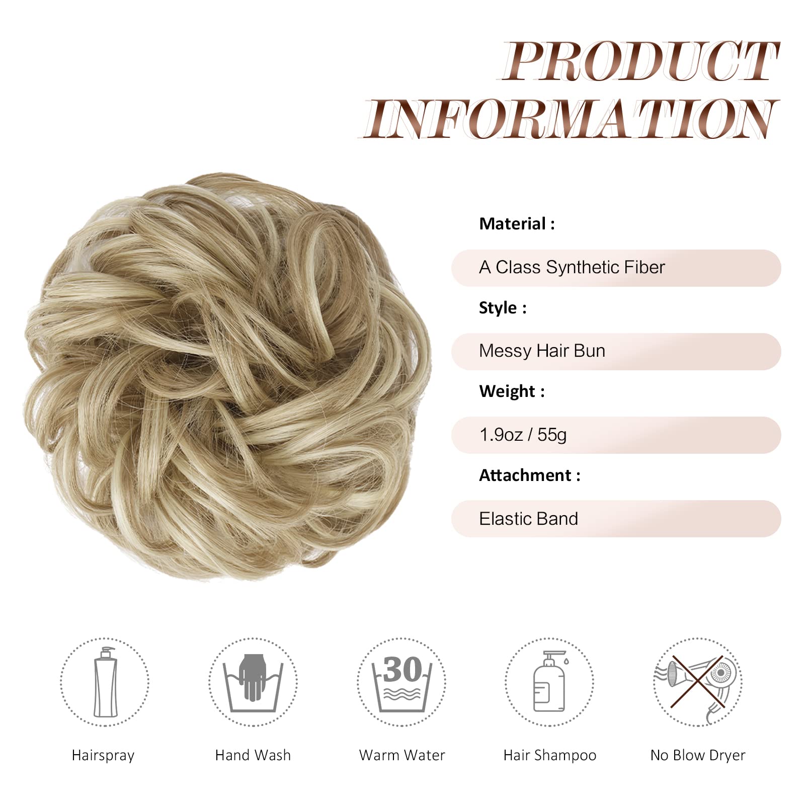 FESHFEN Messy Hair Bun Hair Pieces Wavy Curly Large Hair Bun Scrunchies Extensions Synthetic Chignon Hairpieces for Women Girls, Light Ash Brown & Bleach Blonde 1.94oz