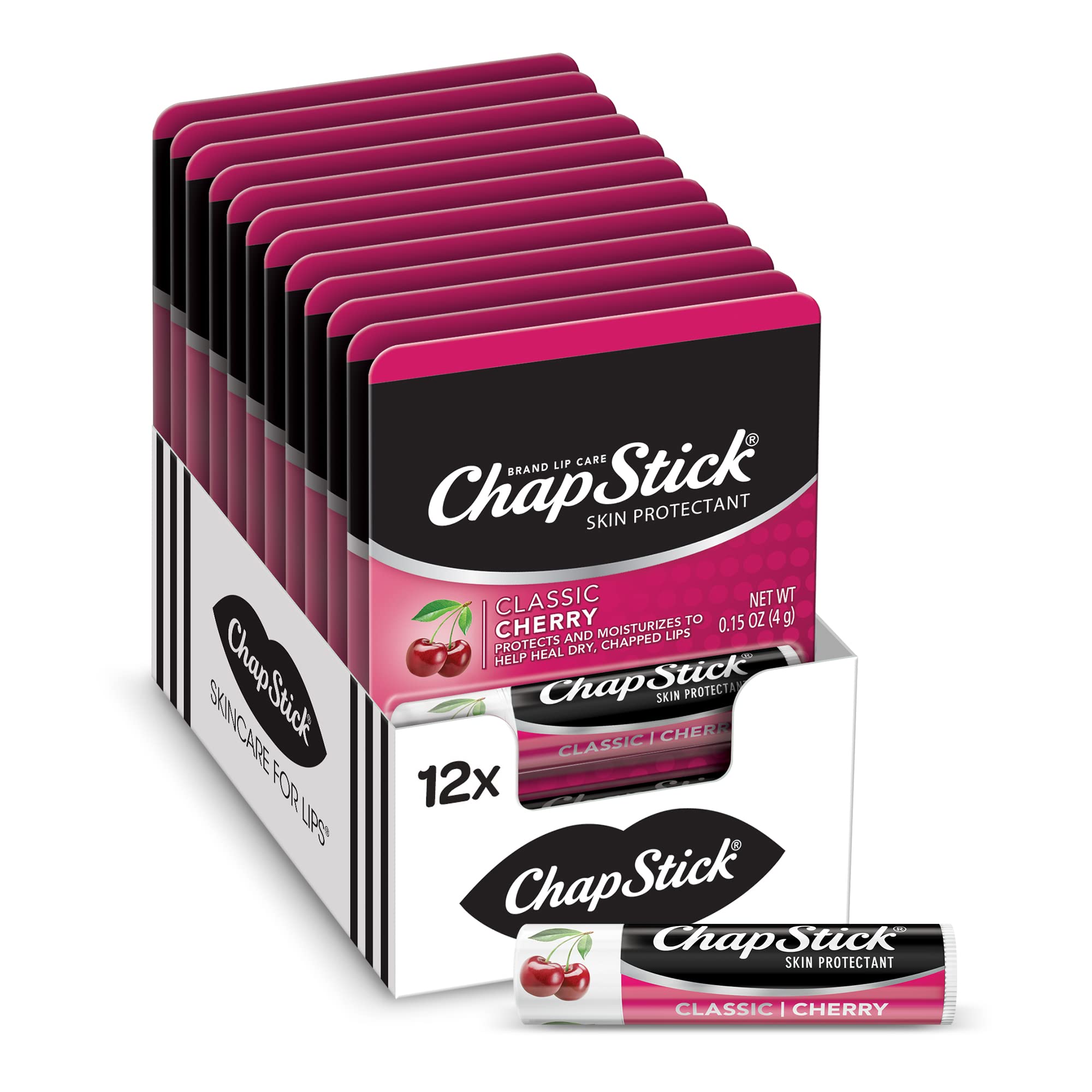 ChapStick Classic Lip Balm Skin Protectant Bulk, 12 Count, Cherry Flavor, 0.15 Ounce