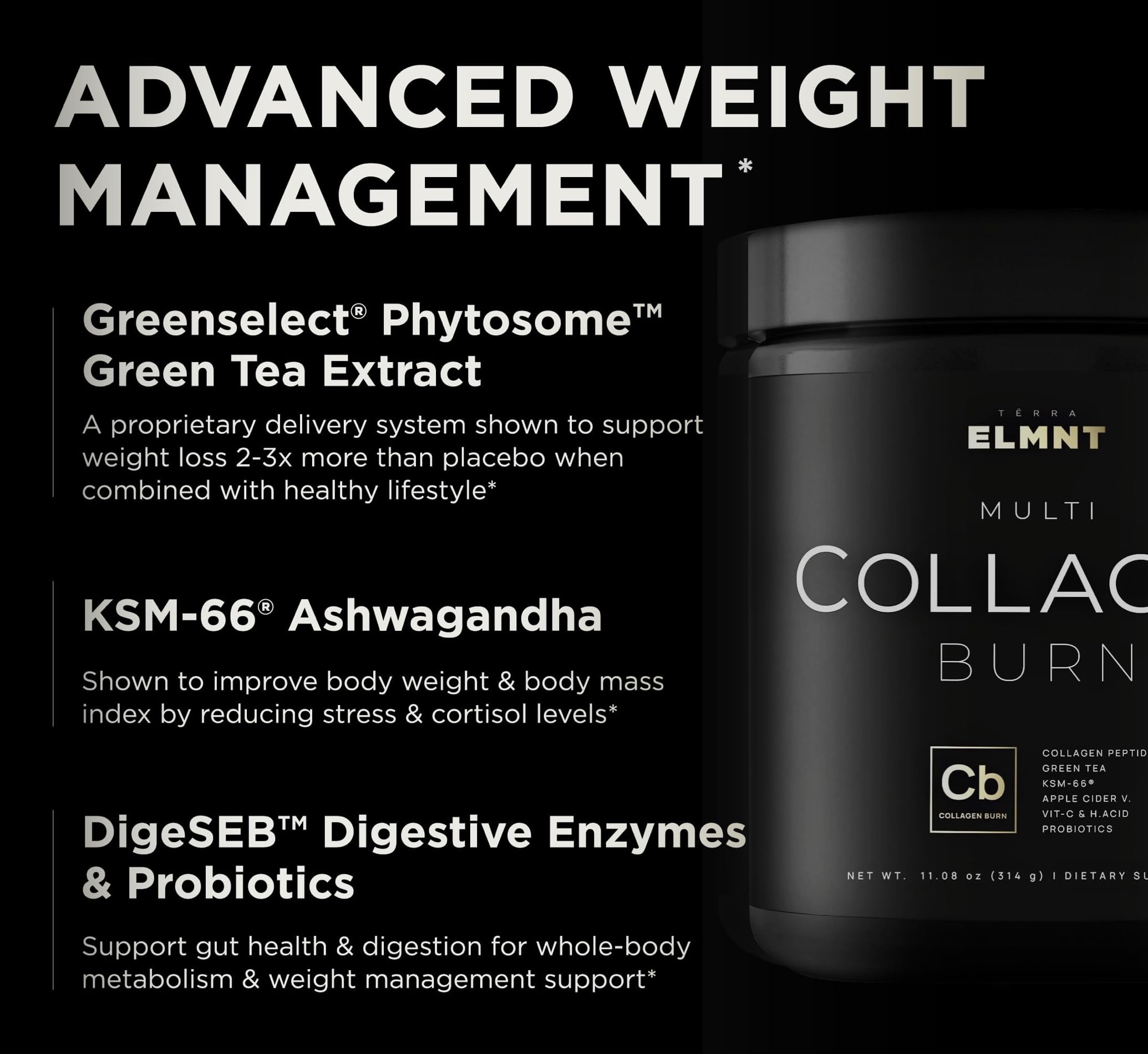 ELMNT Super Collagen Powder for Women Weight Loss + Beauty w. Probiotics, Hyaluronic Acid, ACV, KSM-66, Biotin - Premium Multi Collagen Peptides Protein Supplement Colageno for Women (Unflavored)