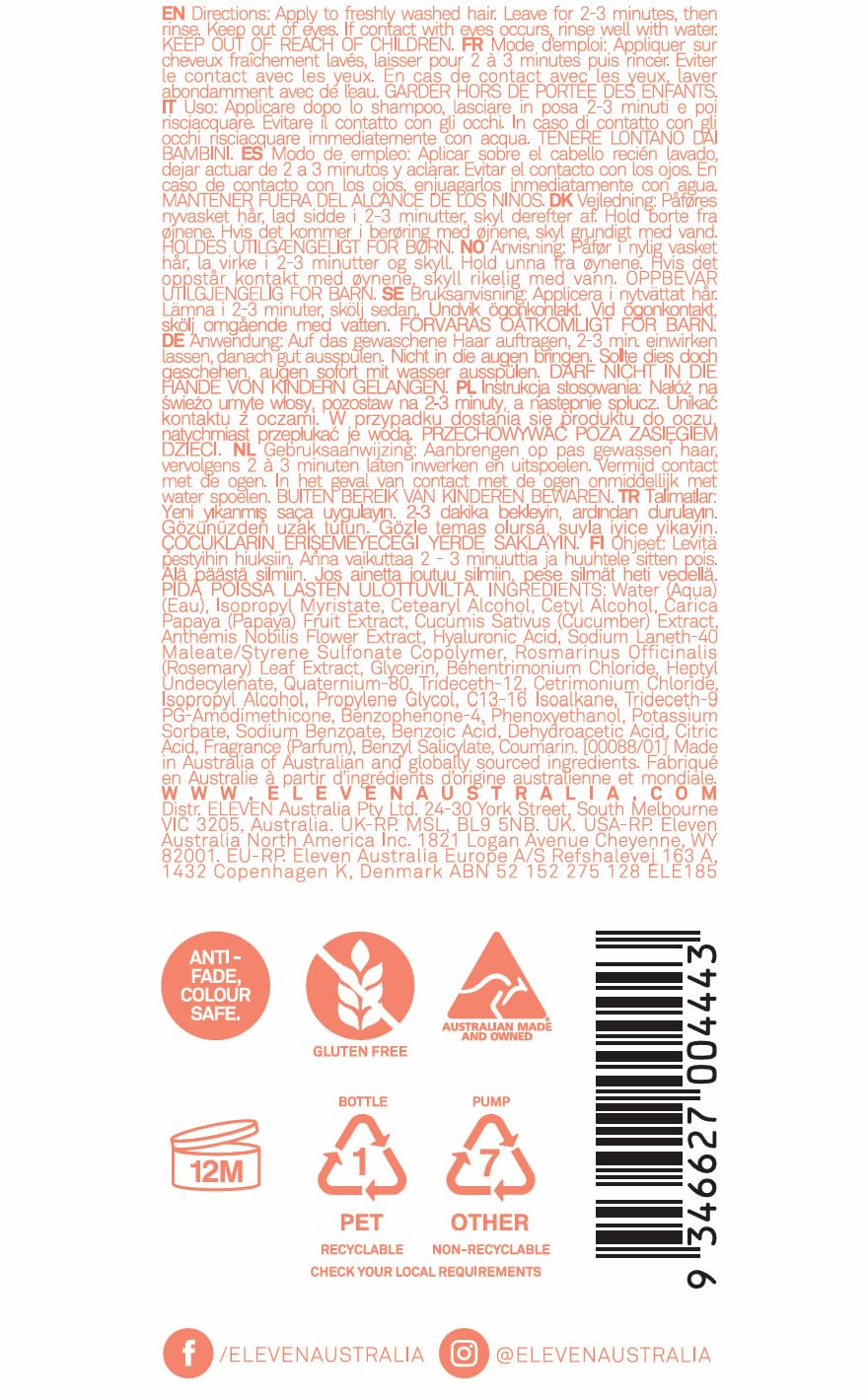 ELEVEN AUSTRALIA Miracle Hair Treatment Conditioner Infused With Hyaluronic Acid to Help Boost Hydration, Reduce Frizz & Prevent Split Ends - 10.1 Fl Oz