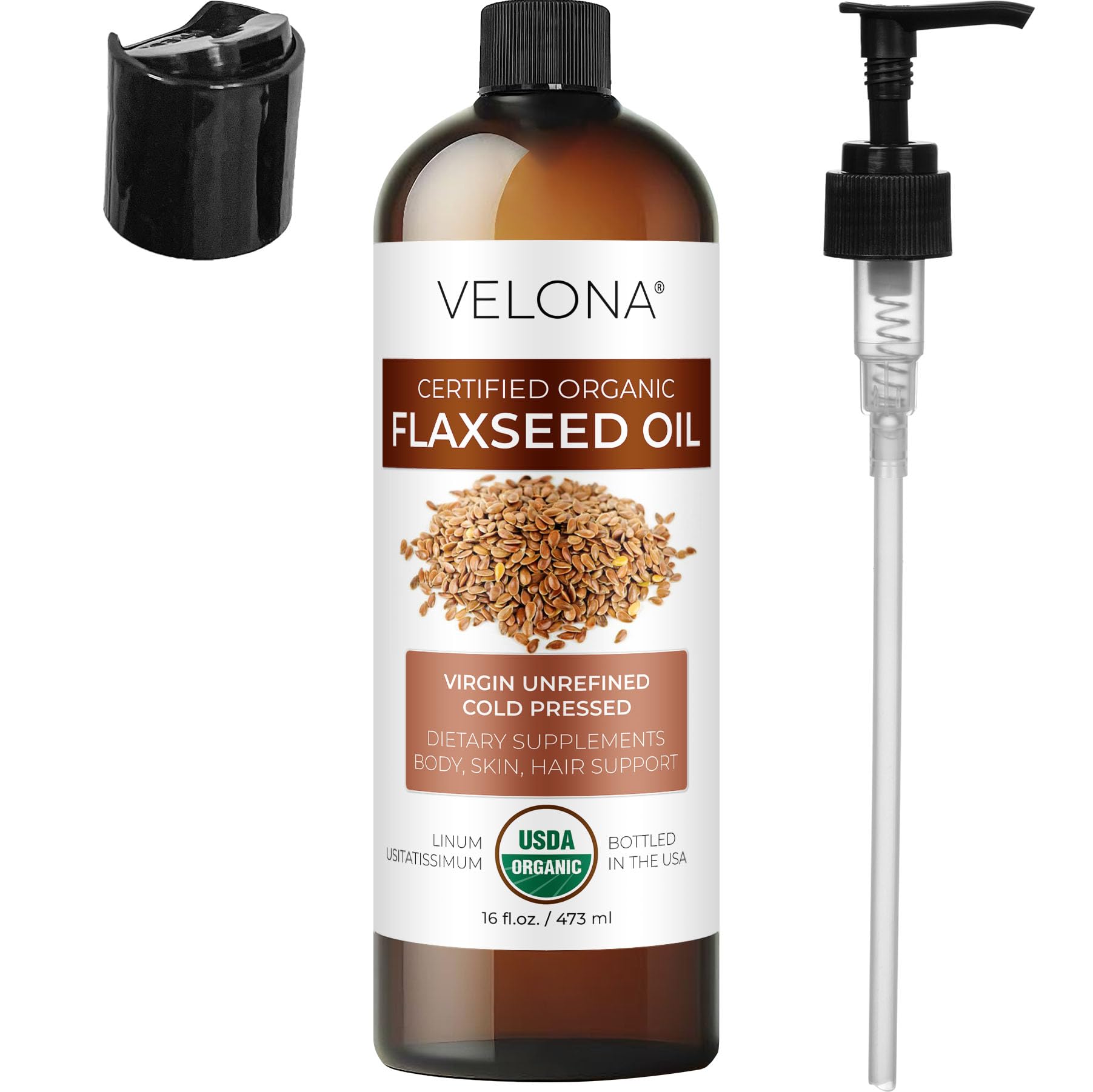 velona USDA Certified Organic Flaxseed Oil - 16 fl oz | 100% Pure and Natural Carrier Oil | Unrefined, Cold Pressed | Hair Growth, Body, Face & Skin Care | Use Today - Enjoy Results