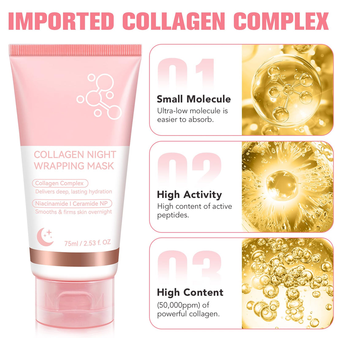 Collagen Night Wrapping Mask 2PACK, Overnight Peel Off Face Mask Wrapping, Collagen Face Mask with Brush, Hydrates Tightens Skin, Reduces Sagging, Elasticity & Hydration Care, 75ML*2