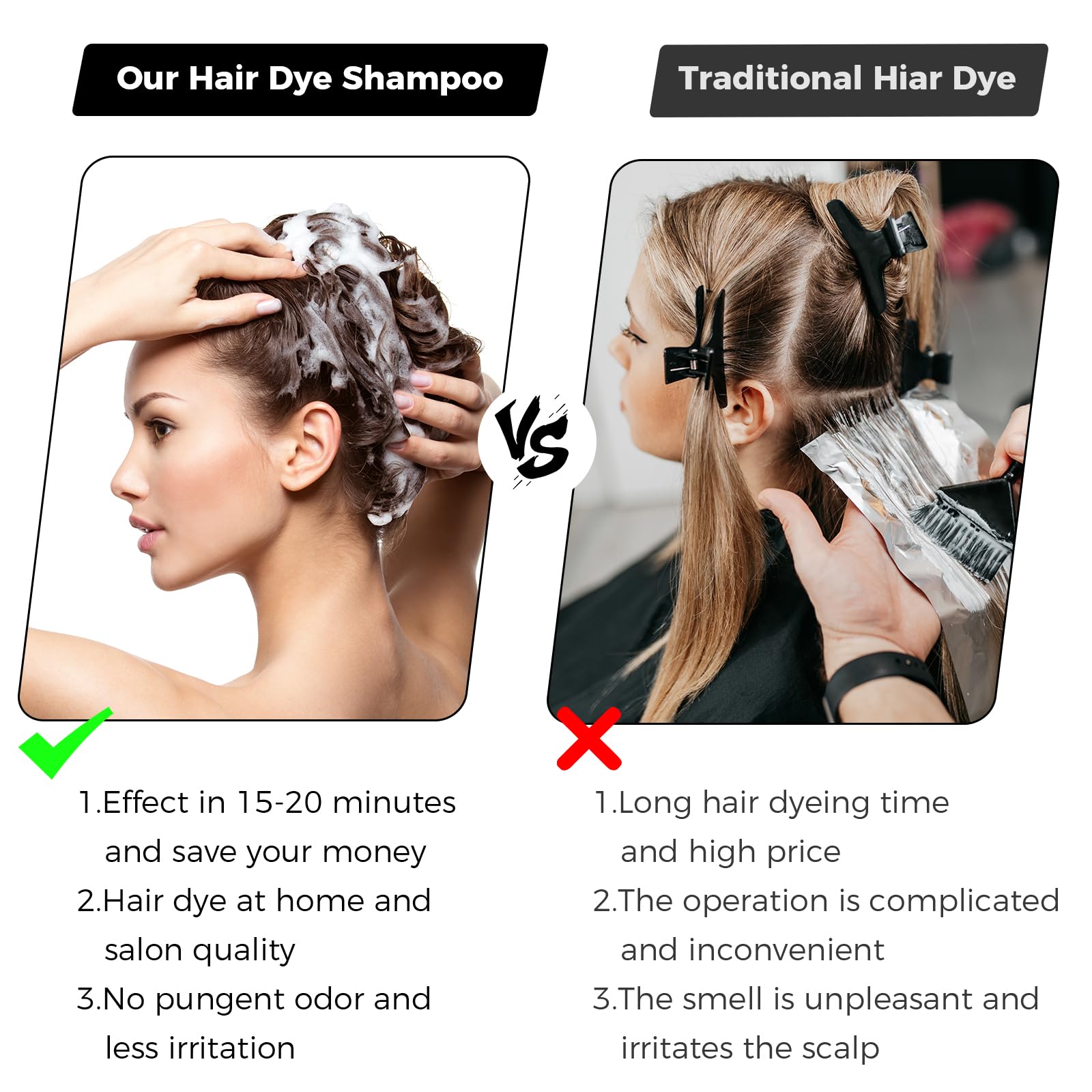 BELEZALIB Instant Black Hair Dye Shampoo for Women Man Hair Color Shampoo for Gray Hair - 100% Gray Coverage - Natural Plant Hair Dye 3 in 1, 16.9Fl OZ