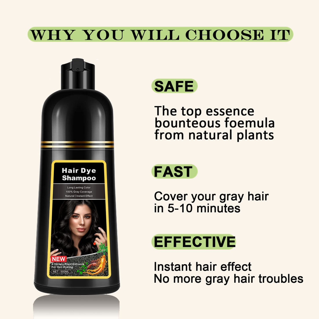Instant Black Hair Dye Shampoo 3 in 1 for Men Women, Herbal Black Hair Shampoo Hair Color Shampoo for Gray Hair Coverage, Natural Black Hair Dye Black Shampoo Easy to Use 17.6 FL OZ (Black)