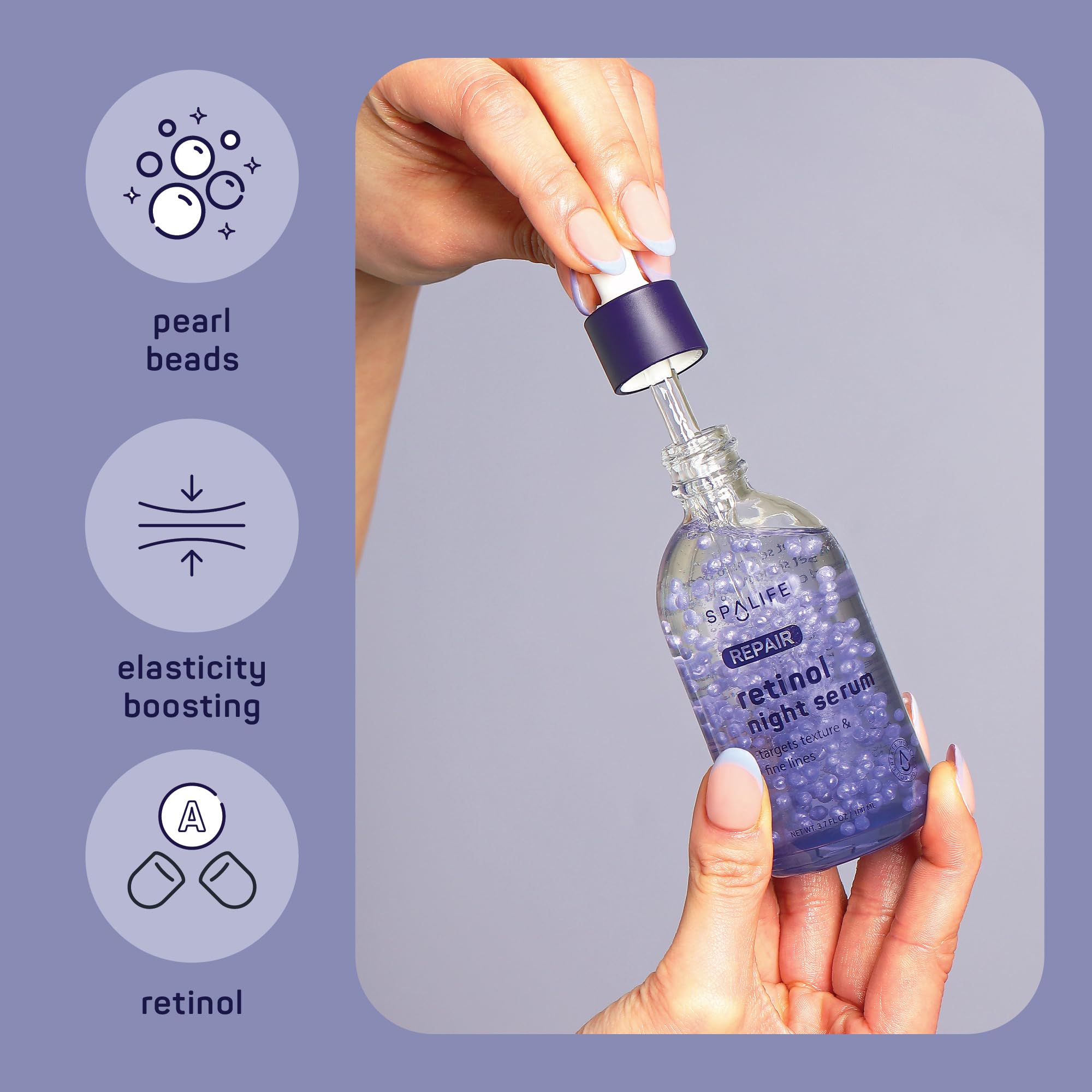 Spa Life Face Serum: REPAIR Retinol Night Serum 100 ml (3.7 oz) Smoothing, Resurfacing, Gently Exfoliating - Targets Fine Lines, Texture, Dark Spots - Boosts Cellular Turnover & Clearer Skin