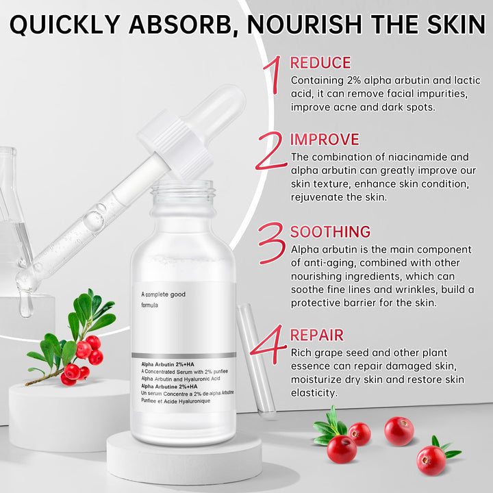 Alpha Arbutin 2% Serum For Dark Spots, Alpha Arbutin 2 Ha Serum For Acne, Fine Lines, 2PCS Hyaluronic Acid Serum With Niacinamide For Face, Neck, Shrink Pores, Anti Aging.