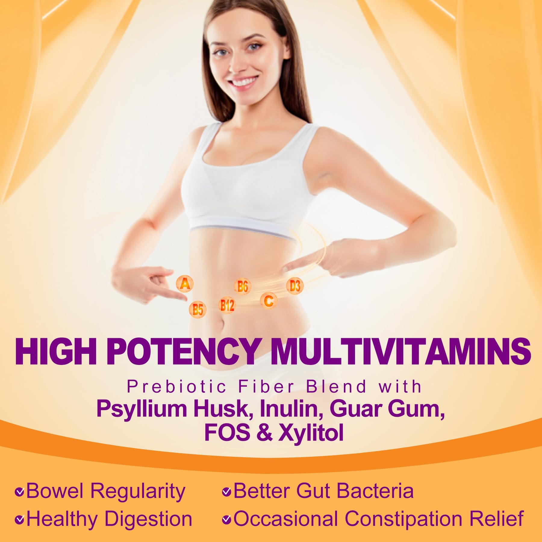 1Pack Prebiotic Fiber Gummies for Adults 7G with Psyllium Husk Fiber , Soluble Fiber + Insoluble Fiber, Inulin, Fos, Multivitamin, Fiber Supplement for Daily Digestive Health,Regularity Gut,Sugar Free