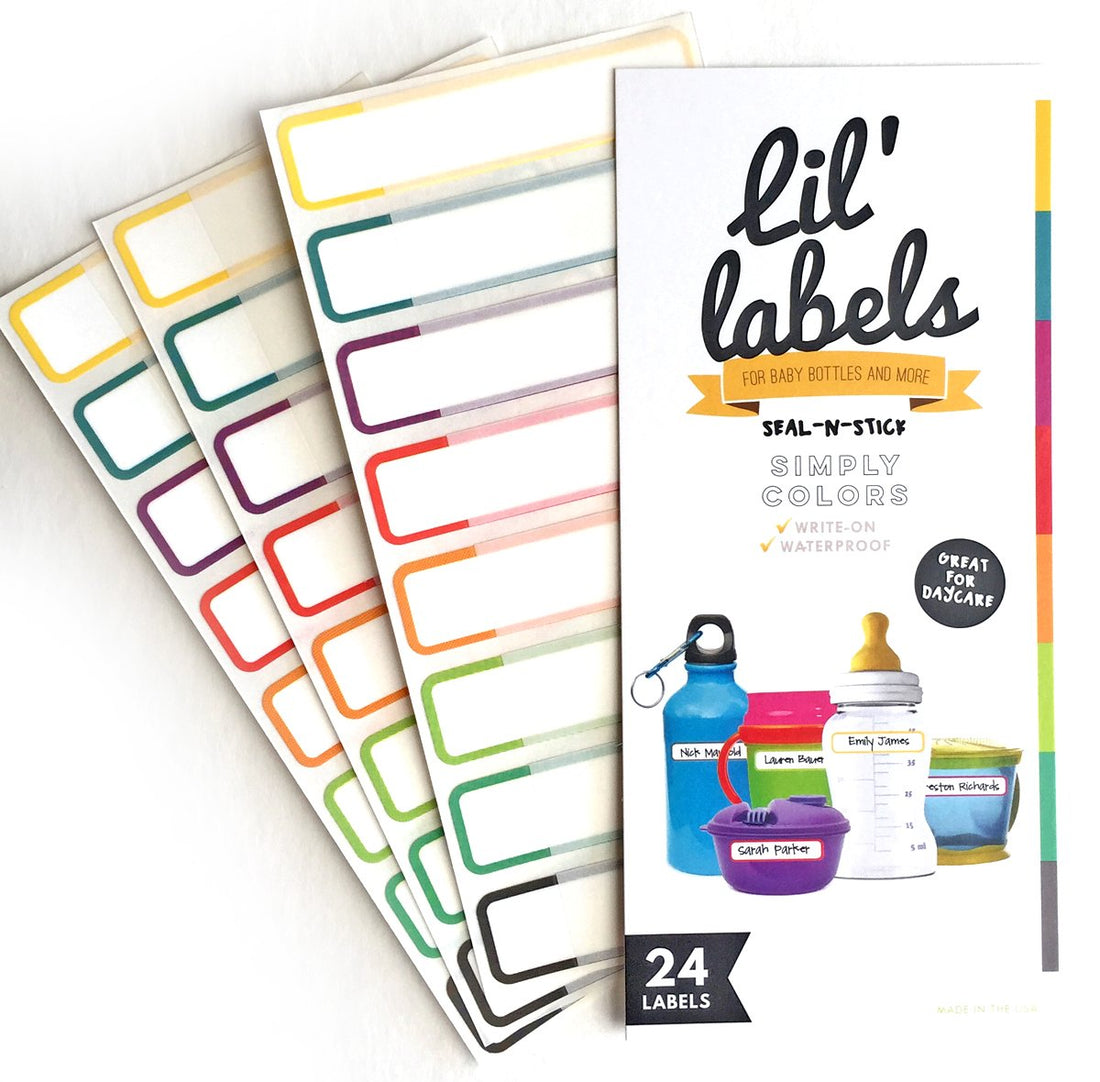 Bottle Labels, Food Pantry Label, Write-On, Self-Laminating, Waterproof Kids Name Labels for Baby Bottles for Daycare School, Dishwasher, Freezer, Kitchen Safe (Simply Colors - Rainbow Inspired))