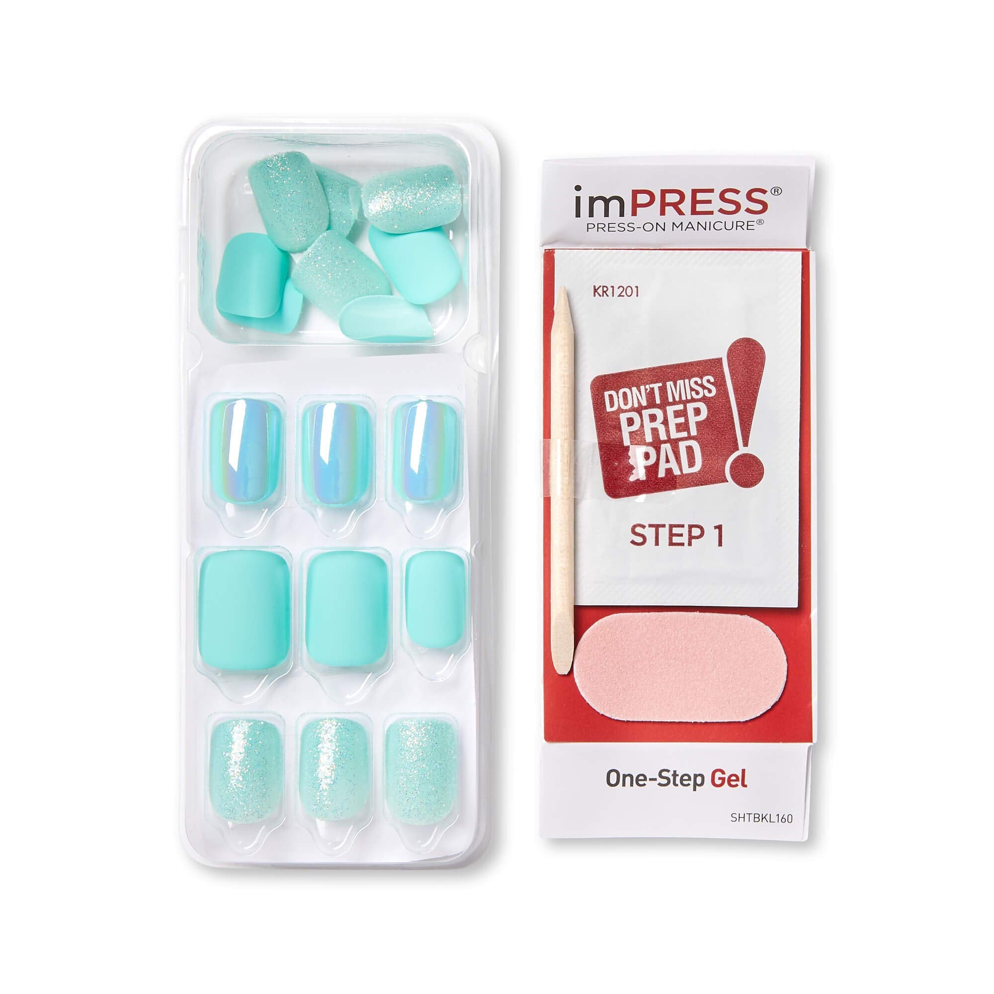 KISS imPRESS Press-On Manicure, Nail Kit, PureFit Technology, Short Press-On Nails, Rain Check, Includes Prep Pad, Mini File, Cuticle Stick, and 30 Fake Nails