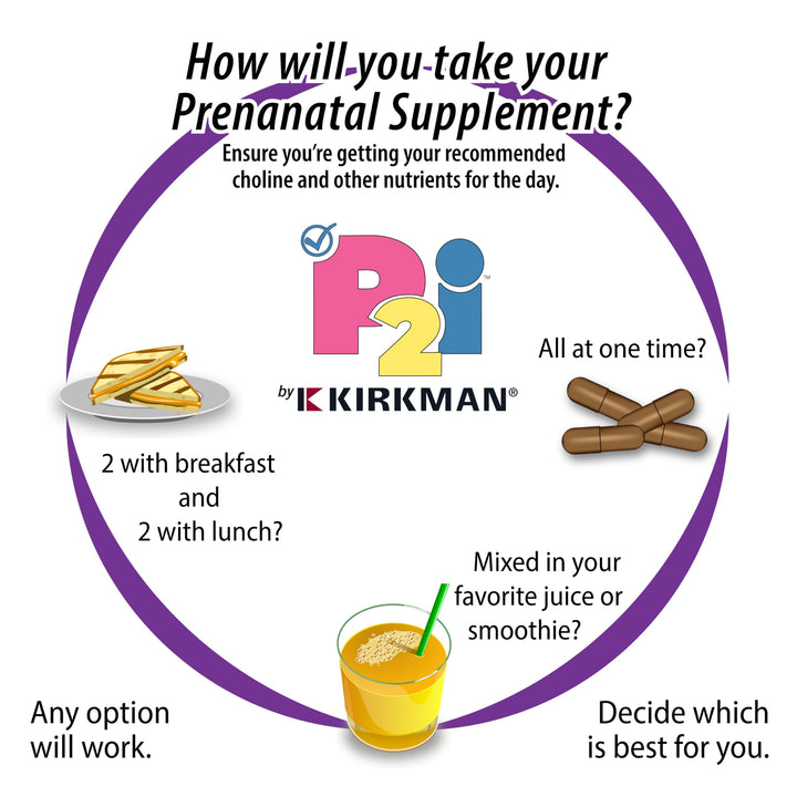 Kirkman P2i Prenatal Vitamins for Women, Multivitamin with Choline, 120 Capsules, Vital Daily Nutritional Support for Healthy Mother & Baby, OBGYN Formulated & Endorsed, Hypoallergenic & Gluten-Free