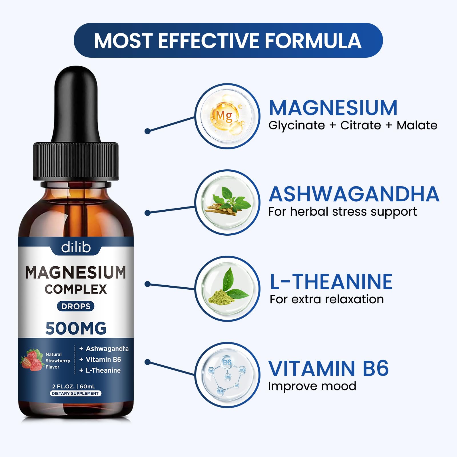 Magnesium Glycinate Liquid Drops 500mg - Triple Magnesium Complex Supplement with Citrate, Malate, Ashwagandha, L-Theanine, Vitamin B6 for Sleep, Stress Relief, Muscle, Strawberry Flavor 4 Fl Oz