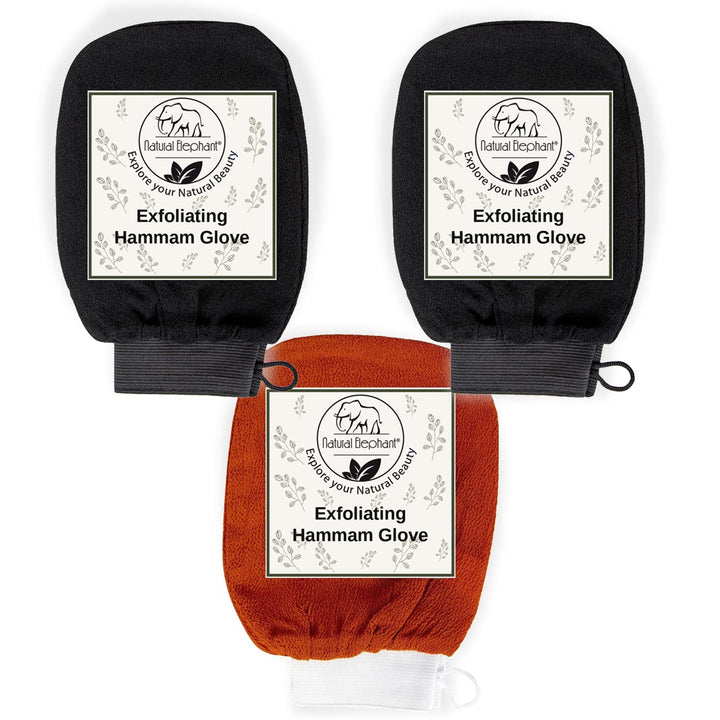 Natural Elephant Exfoliating Hammam Glove (2 Black and 1 Orange (Pack of 3))