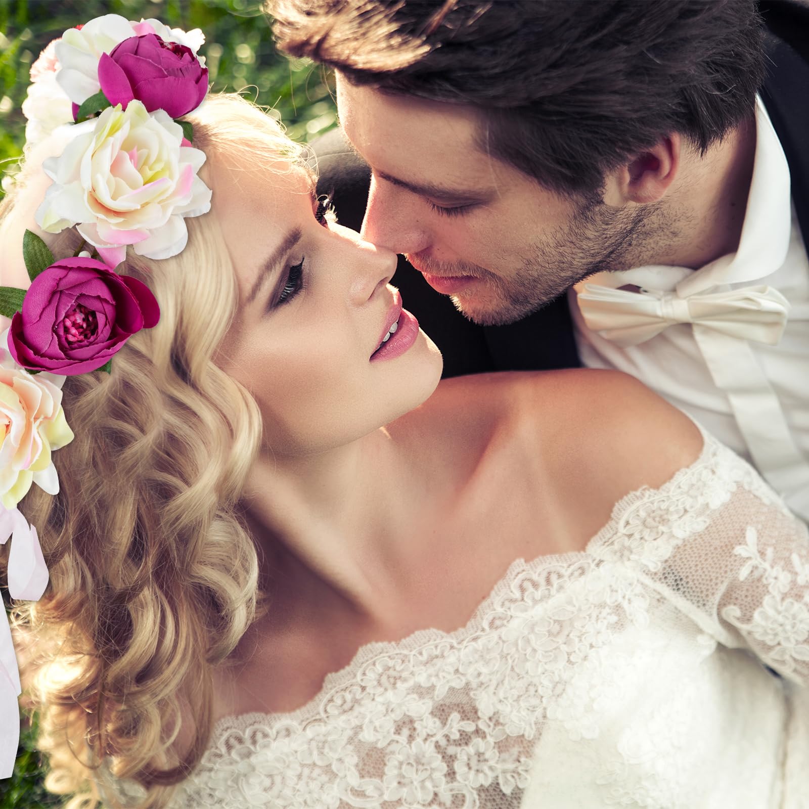 REVEW 3PCS Handmade Flower Headband Floral Crown, Bridal Hair Wreath Wedding Halo Floral Garland Headbands Headpiece With Ribbon For Wedding Party Photo Props