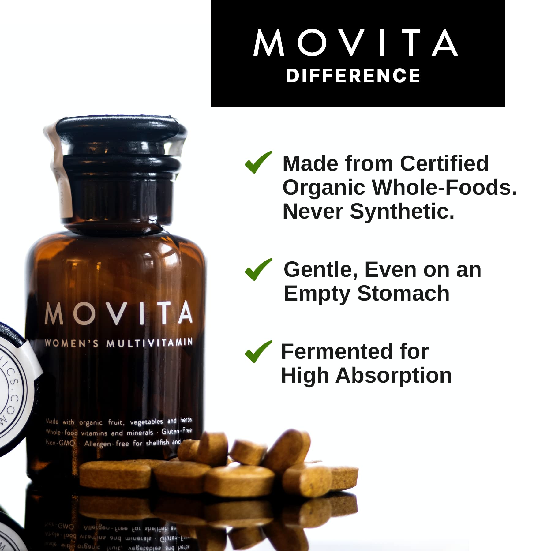 Movita Women’s Daily Multivitamin - Organic Fermented Whole Foods for Enhanced Energy, Immunity & Vitality - Vegan, Gluten-Free, Non-GMO - 30-Day Supply (Eco-Friendly Refill Pouch)