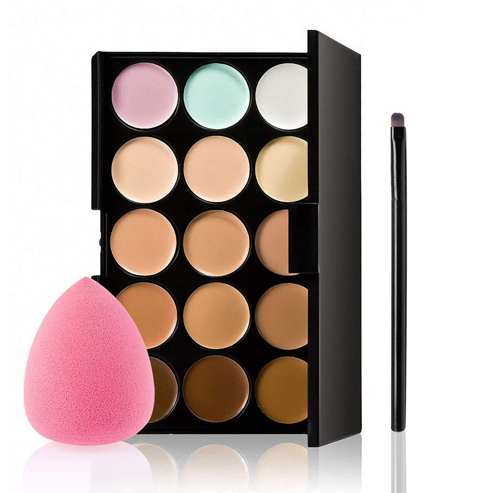 Anself 15 Colors Makeup Cream Facial Camouflage Concealer Make Up Palette with Sponge Puff Oval Makeup Brush
