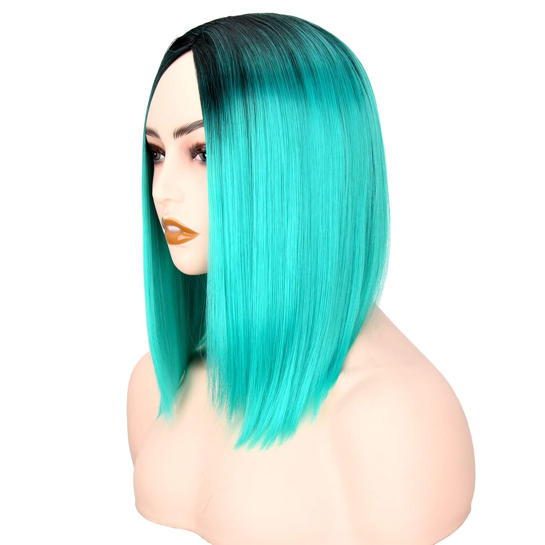 #1B/Blue: Ahairbeauty Ombre Color Short Bob Straight Synthetic None Lace Hair Wigs Dark Roots For Women (Black &Aqua Blue) (#1B/Blue)