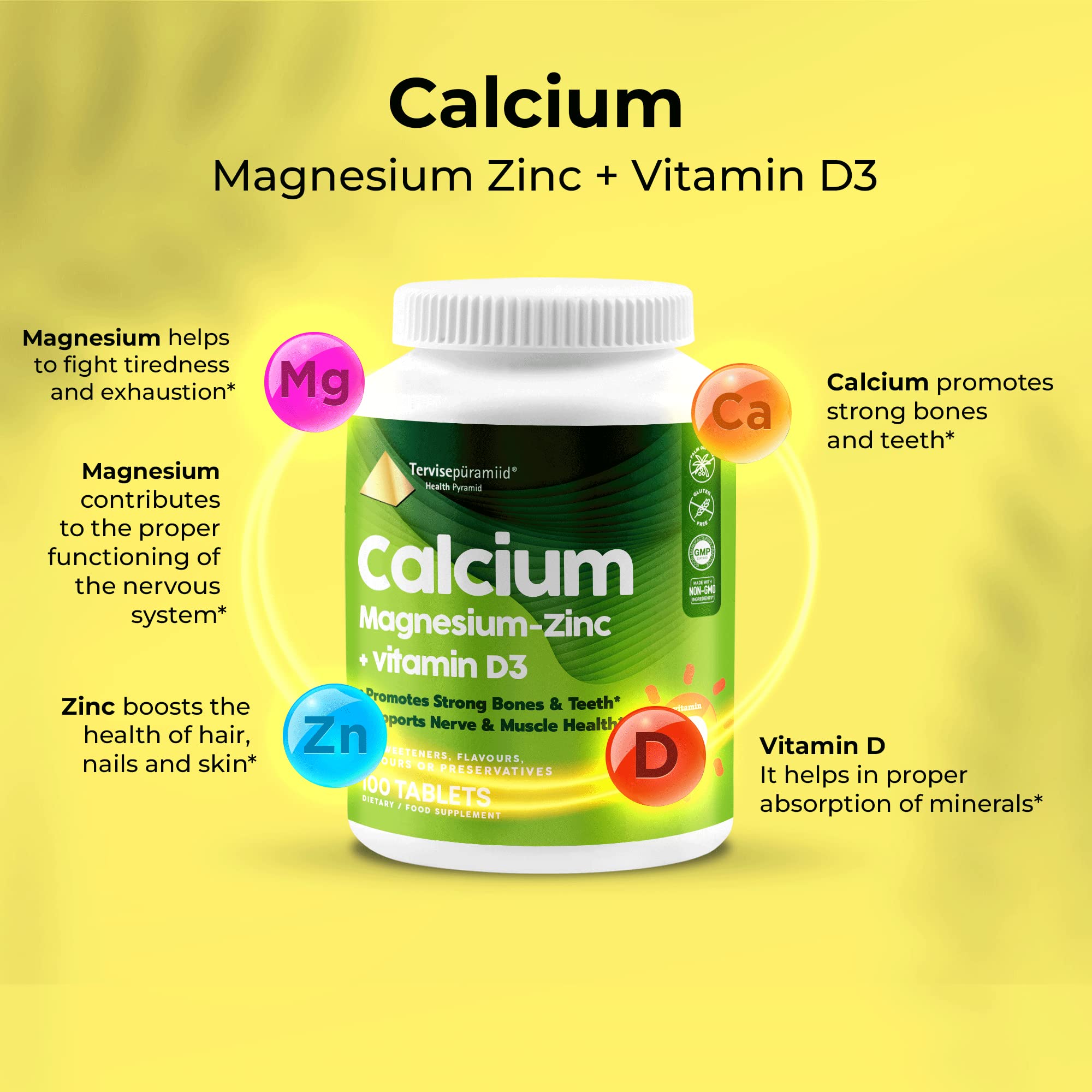 Health Pyramid Calcium Magnesium Zinc with Vitamin D3 Supplement for Strong Bones and Teeth Cal Mag Zinc Supports Nerve and Muscle Health 100 Vegan Tablets