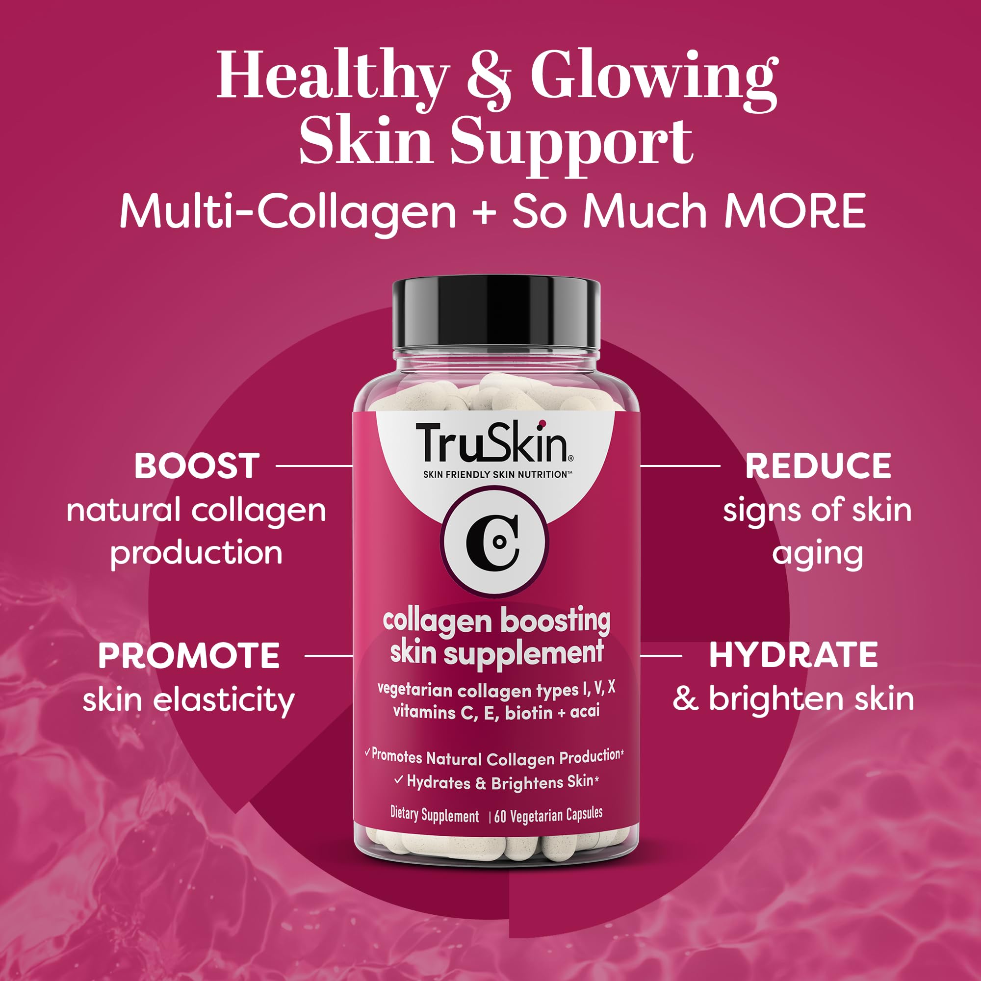 TruSkin Collagen Supplements – Vegetarian-Friendly Multi Collagen for Skin with Biotin, Vitamin C & Acai Superfood Complex – Support Natural Collagen Production, Hydrate & Brighten Skin, 60 Capsules