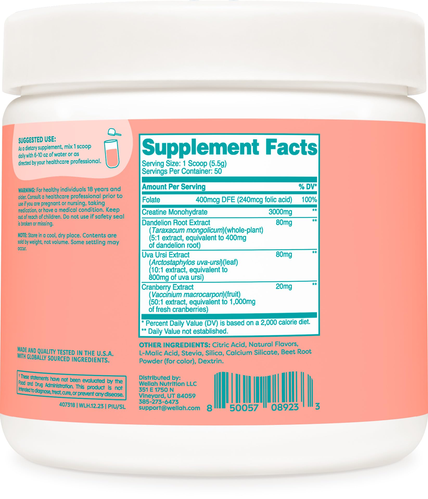 Wellah Pump-It-Up Creatine (50 Servings, Strawberry Lemonade) - Creatine Monohydrate with Dandelion, Uva Ursi, & Cranberry Extract