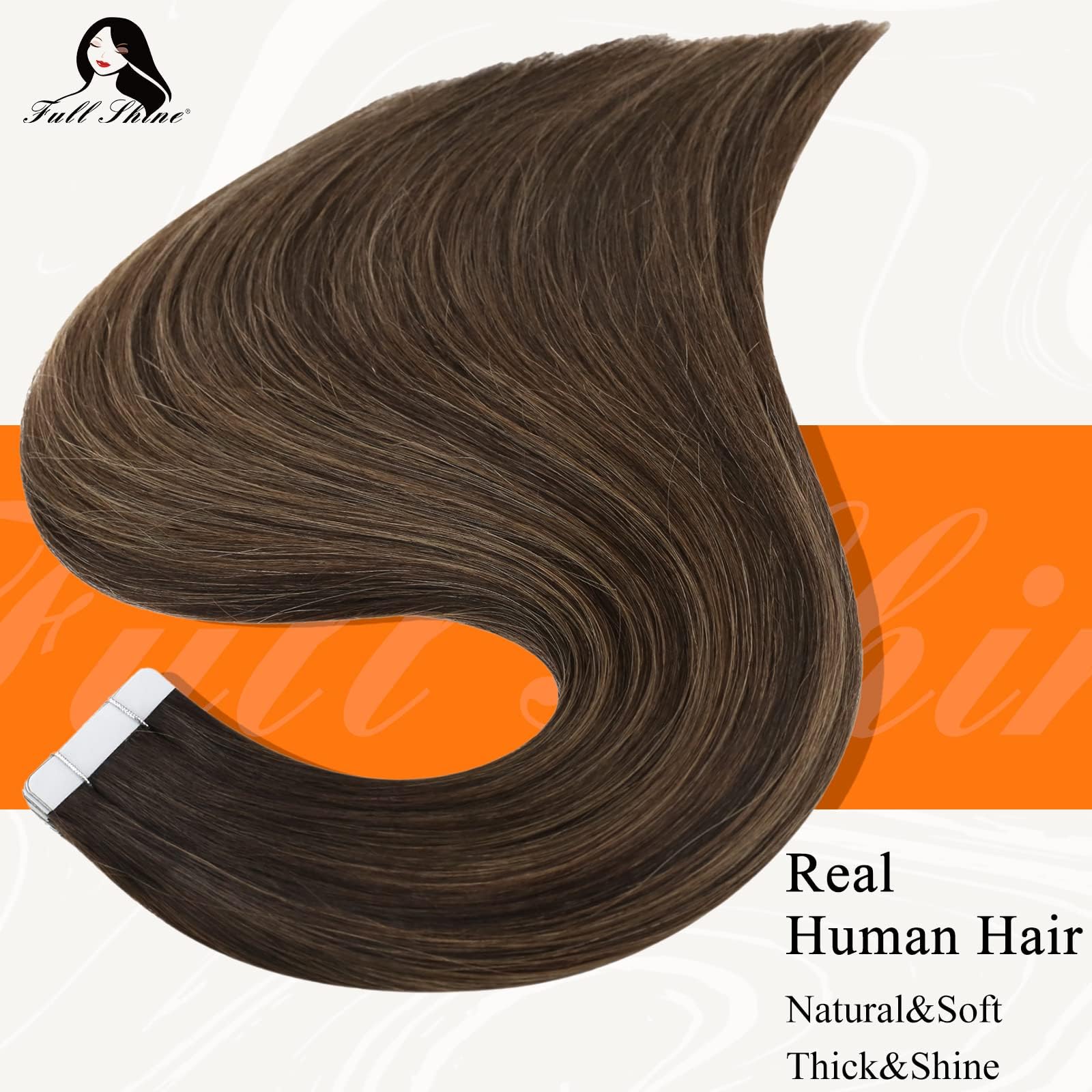 Fshine Tape In Human Hair 16 Inch Glue On Hair Extensions 50 Gram PU Tape In Hair Extensions Straight Silky Hair Color 2 Fading to 8 Highlight 2 Darkest Brown Double Sided Tape In Hair Extensions