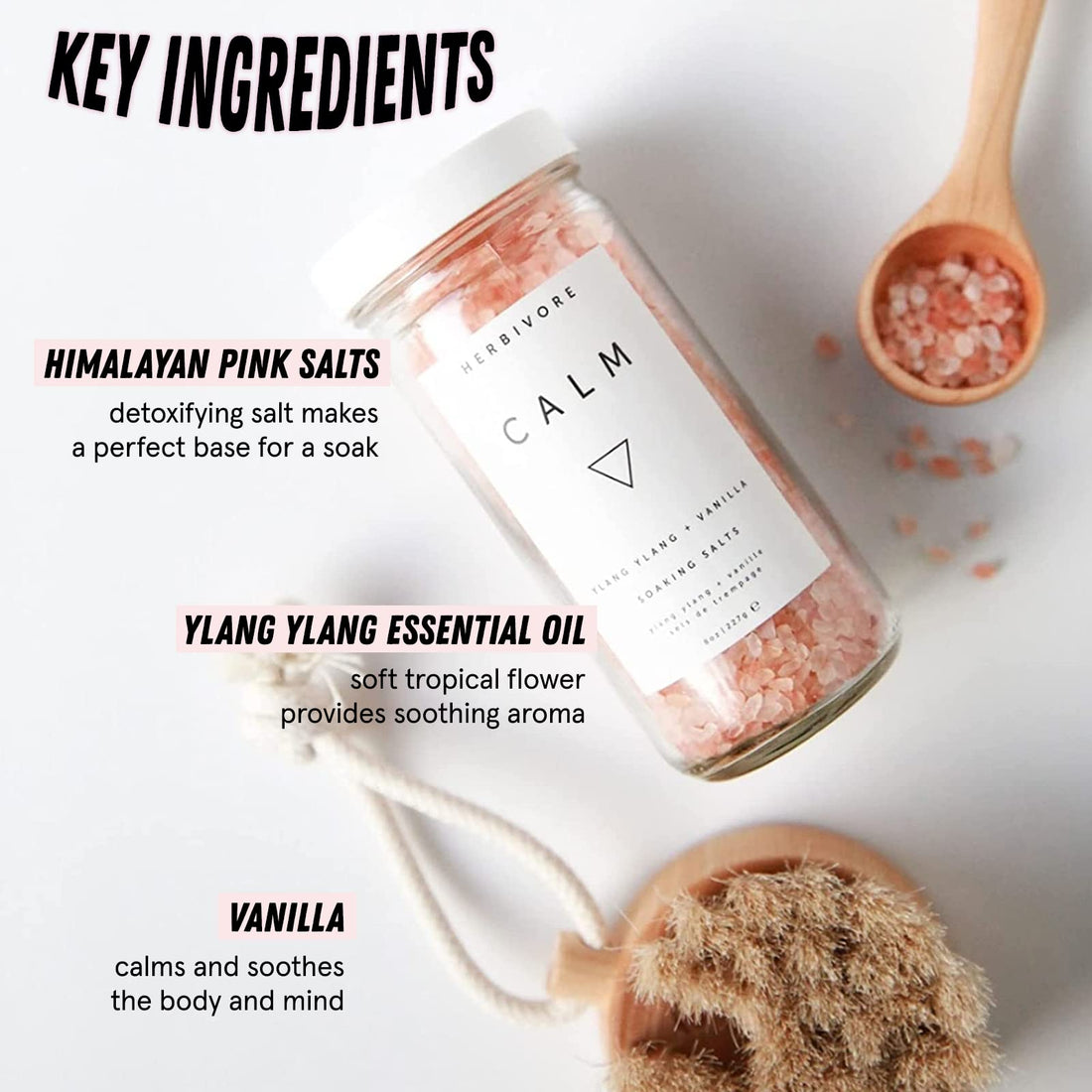 HERBIVORE Calm Soaking Bath Salts – Natural Himalayan Pink Salt, Moisturizing + Relaxing, Ylang Ylang & Vanilla, Plant-Based, Vegan, Cruelty-Free, 8 oz