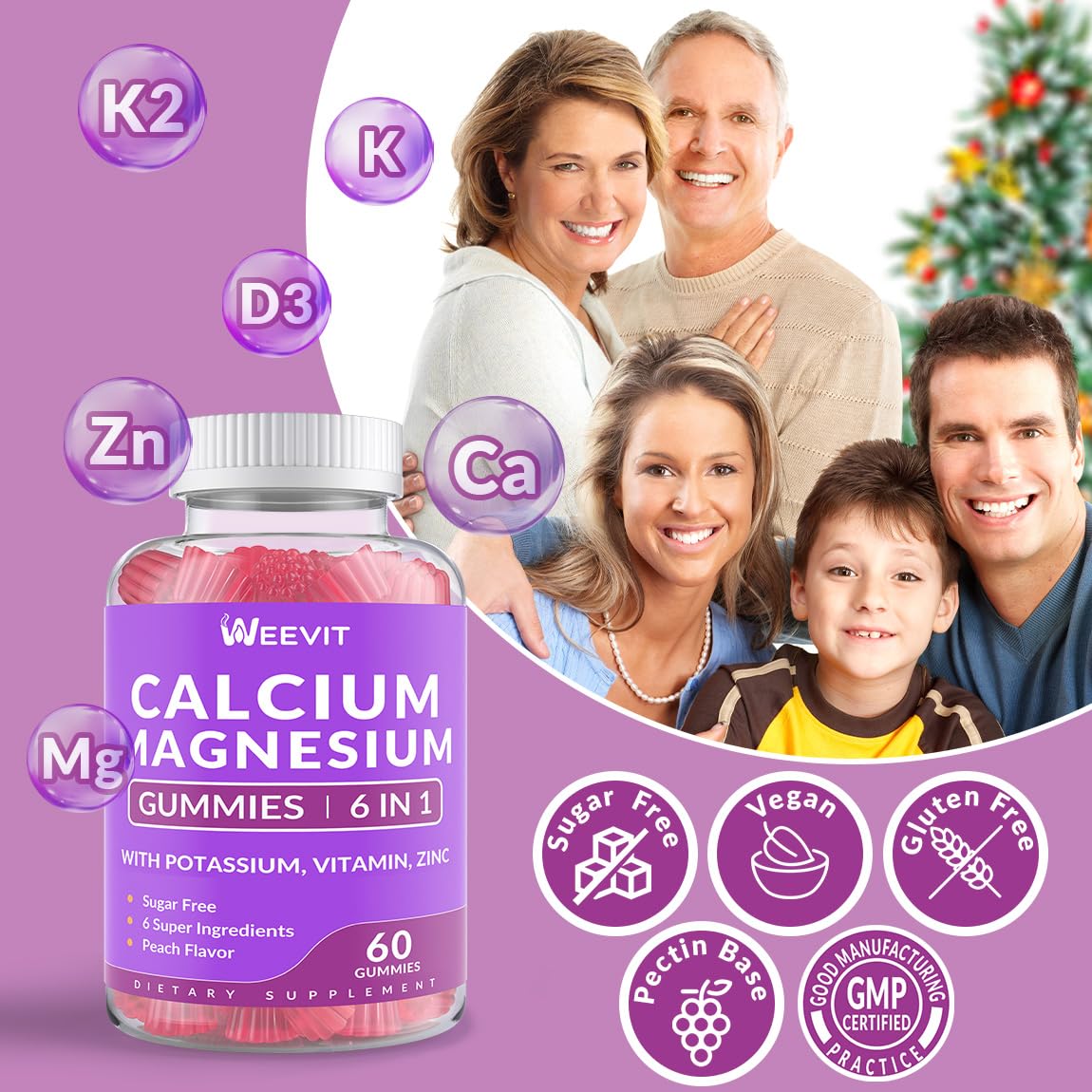 Sugar Free Calcium Gummies 600mg w/Vitamin D3 K2, Potassium, Calcium Magnesium Zinc Gummies for Bone, Muscle & Immune, Algae Calcium Magnesium 2:1 Ratio Calcium Supplement for Women & Men - Vegan