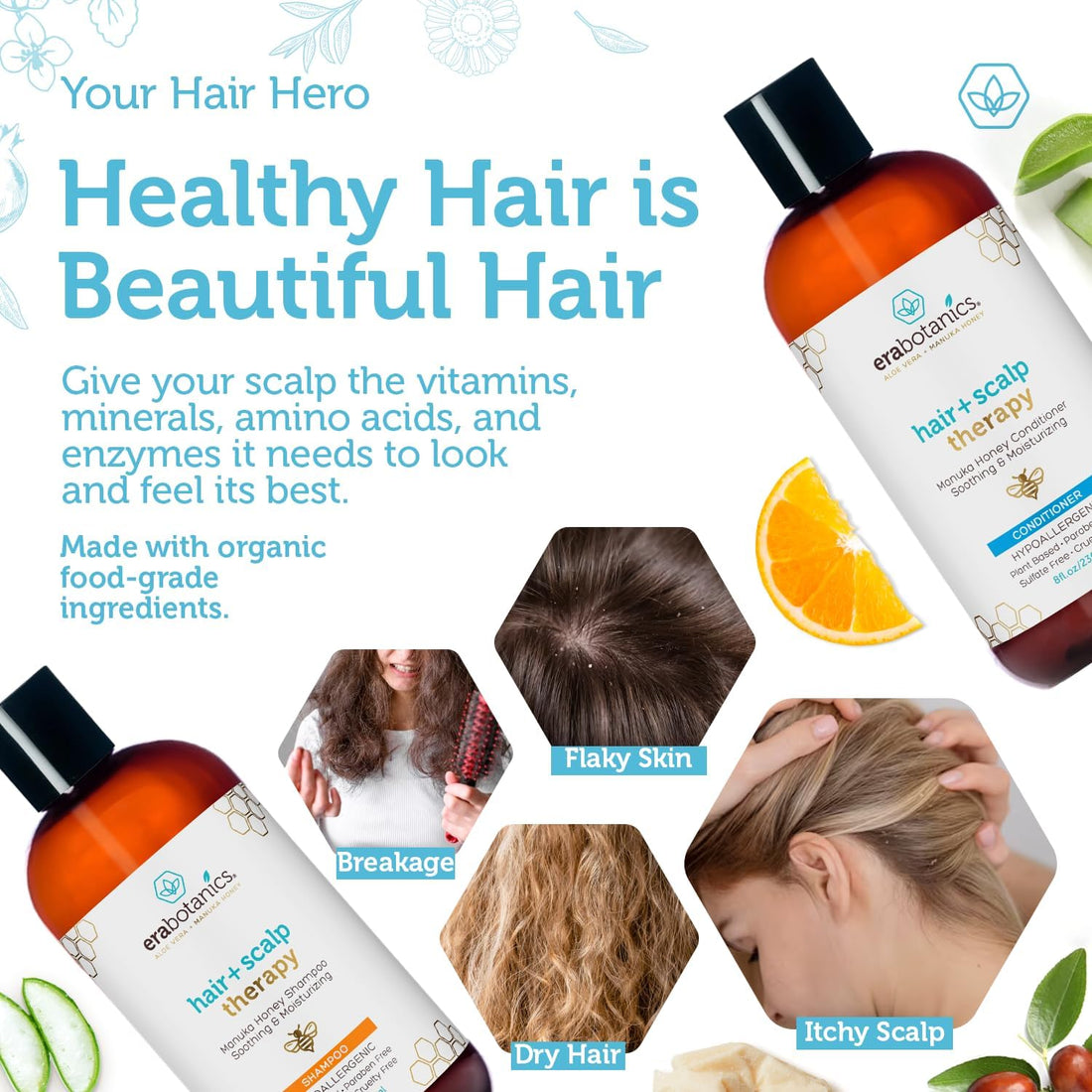 Era Organics Manuka Honey Dry Scalp Conditioner - Sulfate Free, Soothing and Moisturizing for Damaged Hair - Argan Oil for Women or Men