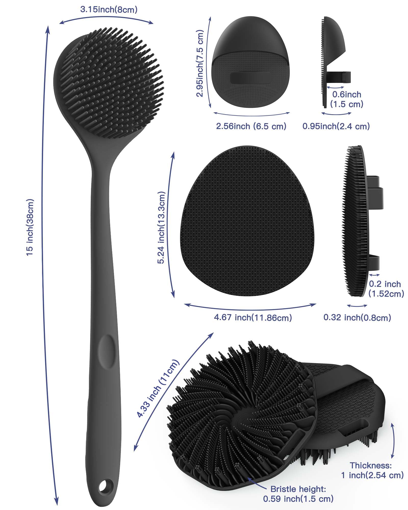 Manmihealth Silicone Back Scrubber & Soft Bath Glove Set 4 PCS(Thin Bristles), Super-Exfoliating Body Scrubber & Super-Lathering Shower Brush Combination, with 2 Free Hooks (Black)