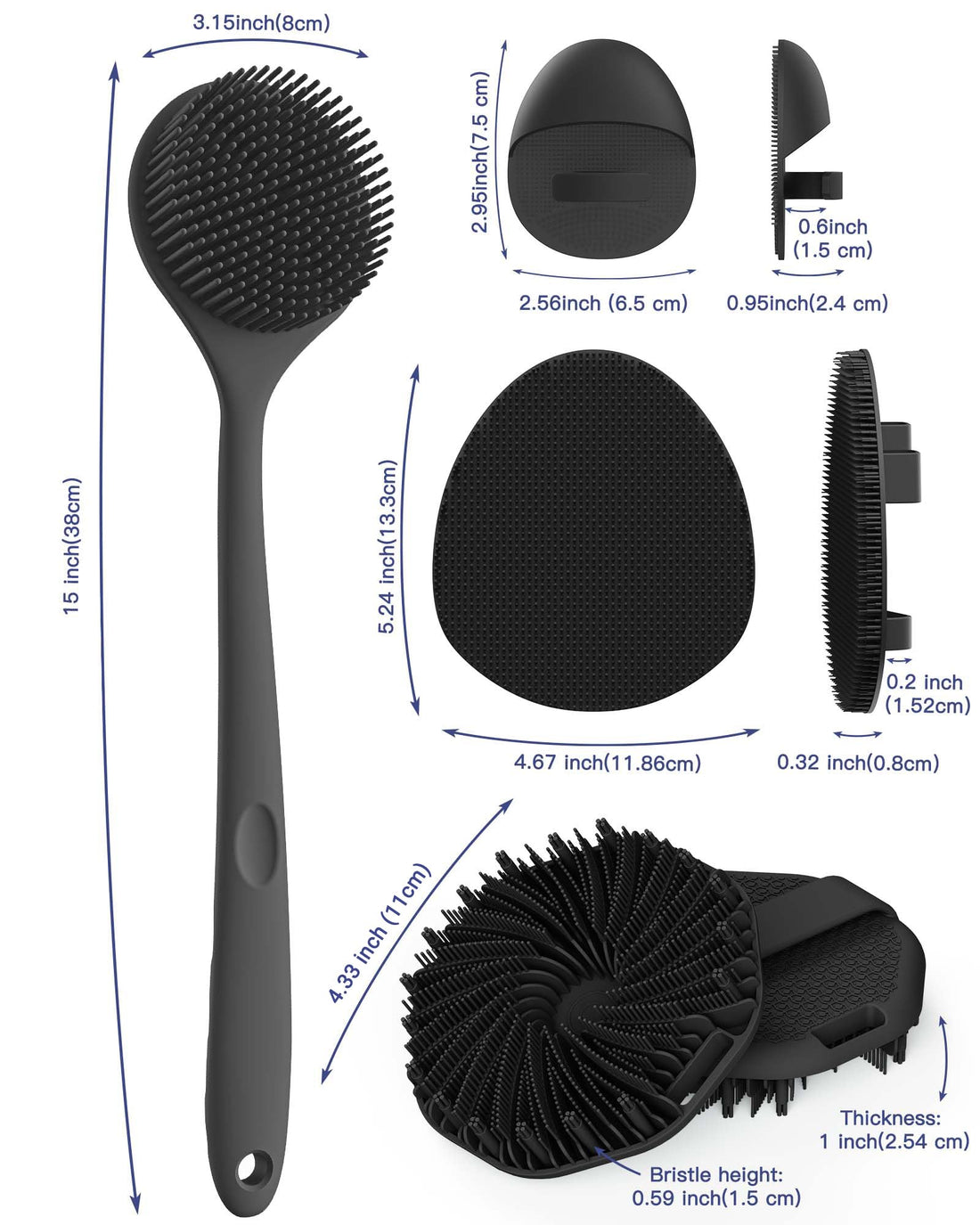 Manmihealth Silicone Back Scrubber & Soft Bath Glove Set 4 PCS(Thin Bristles), Super-Exfoliating Body Scrubber & Super-Lathering Shower Brush Combination, with 2 Free Hooks (Black)