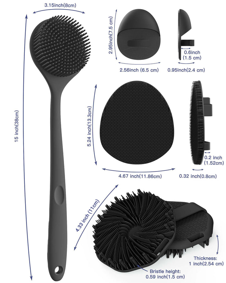 Manmihealth Silicone Back Scrubber & Soft Bath Glove Set 4 PCS(Thin Bristles), Super-Exfoliating Body Scrubber & Super-Lathering Shower Brush Combination, with 2 Free Hooks (Black)