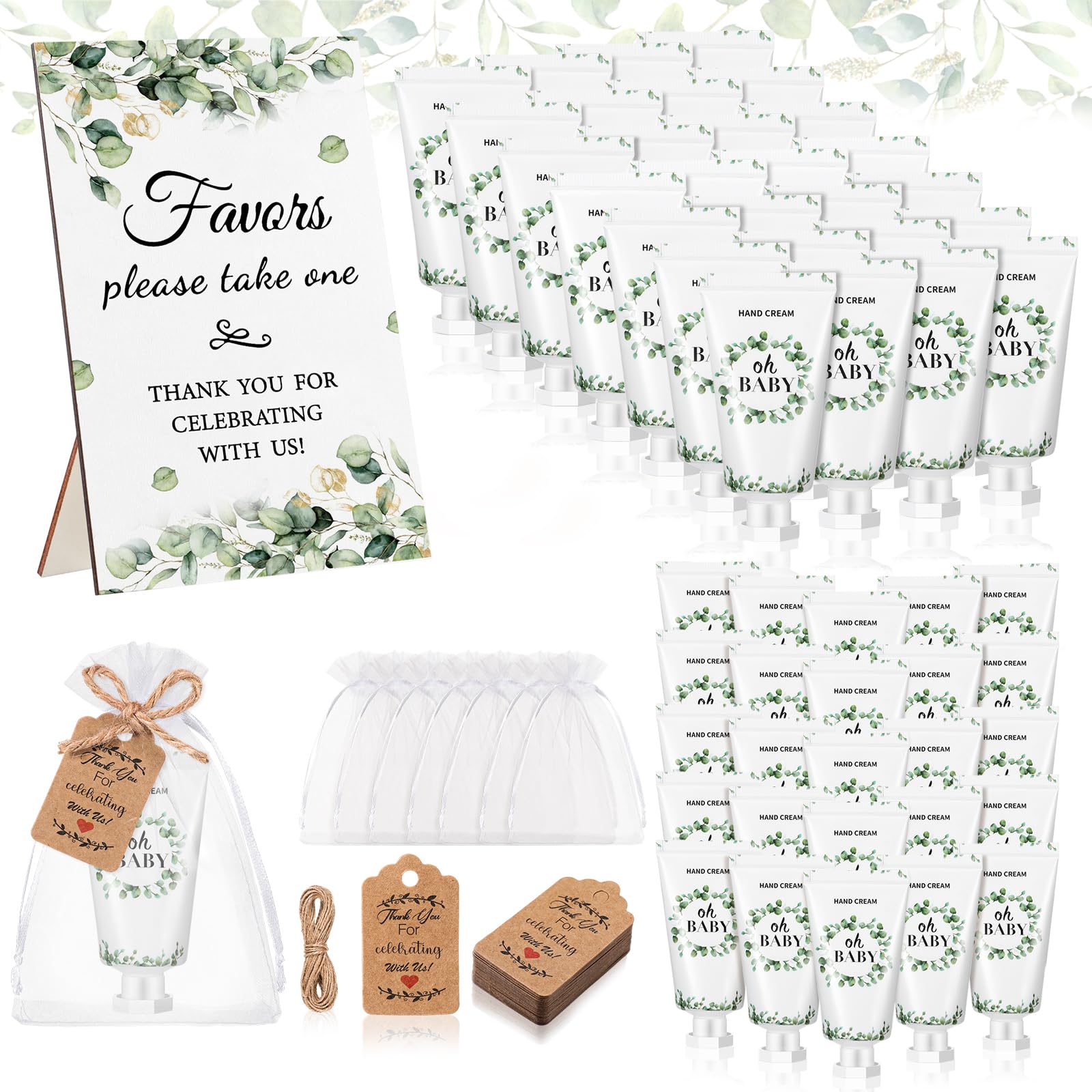 Dansib 48 Sets Baby Shower Hand Lotion Gifts for Guest Party Favors Travel Size Hand Lotion Bulk with Organza Bags Thank You Cards Wooden Sign Baby Shower Games Party Gifts(Green,Eucalyptus)