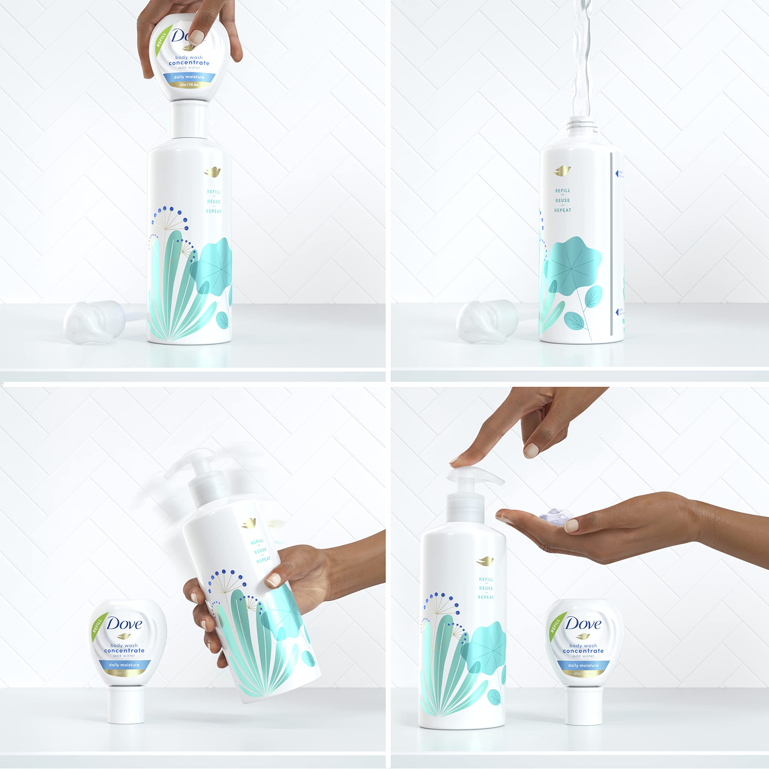 Dove Concentrate Refill and 100 percent Recycled Reusable Bottle for Instantly Soft Skin Daily Moisture Starter Kit for Lasting Nourishment Body Care 4 Fl oz (makes 16 Fl oz)