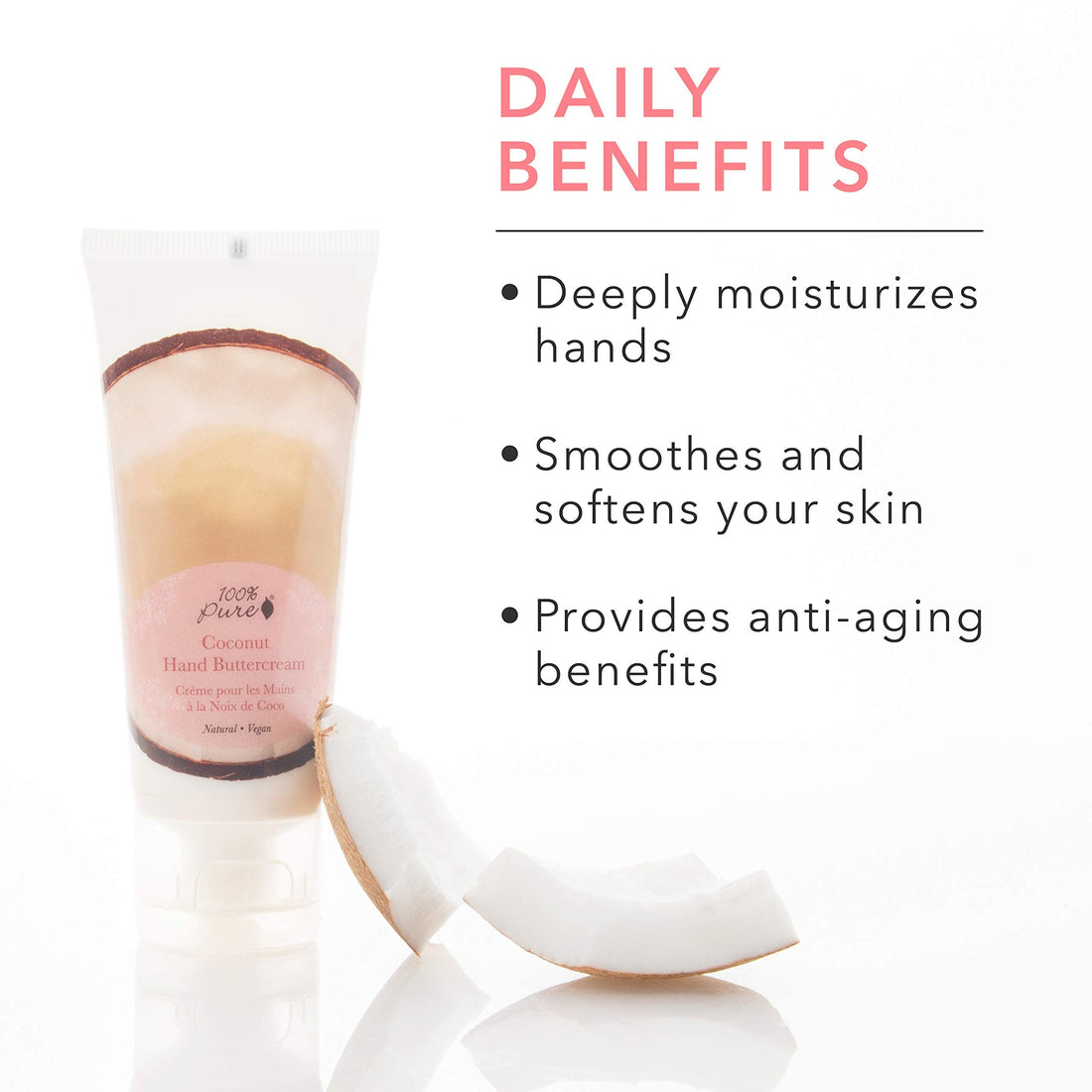 100% PURE Coconut Vegan Hand Cream Dry Skin Buttercream Lotion Made with Shea Butter Natural Moisturization for Dryness - 2 Fl Oz