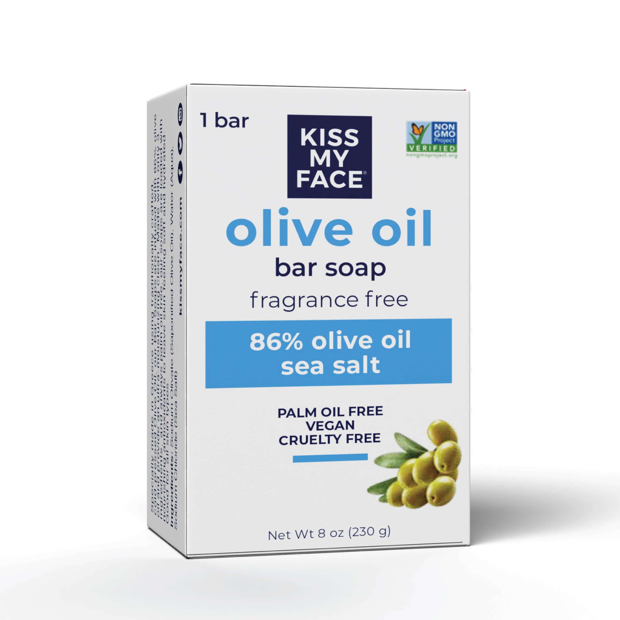 Kiss My Face Olive Oil Fragrance Free Bar Soap, Moisturizing Bar Soap - Cruelty Free Vegan Soap - Palm Oil Free, Natural Olive Oil Soap, 8oz
