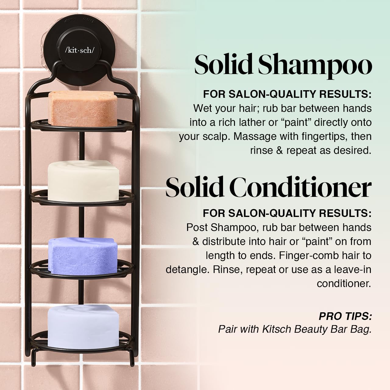 Kitsch 4pc Sampler Solid Shampoo and Conditioner Set - Rice Bar & Castor Oil Shampoo and Rice Bar & Coconut Oil Deep-Moisturizing Hair Conditioner, Zero Waste