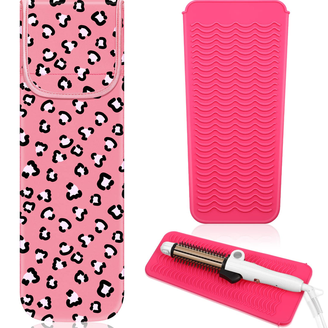 2 Pieces Flat Iron Case Holder Heat Resistant Curling Iron Neoprene Straightener Holder and Silicone Travel Mat for Hair Tools Curling Iron Organizer Bag or Daily Use(Cute Style)