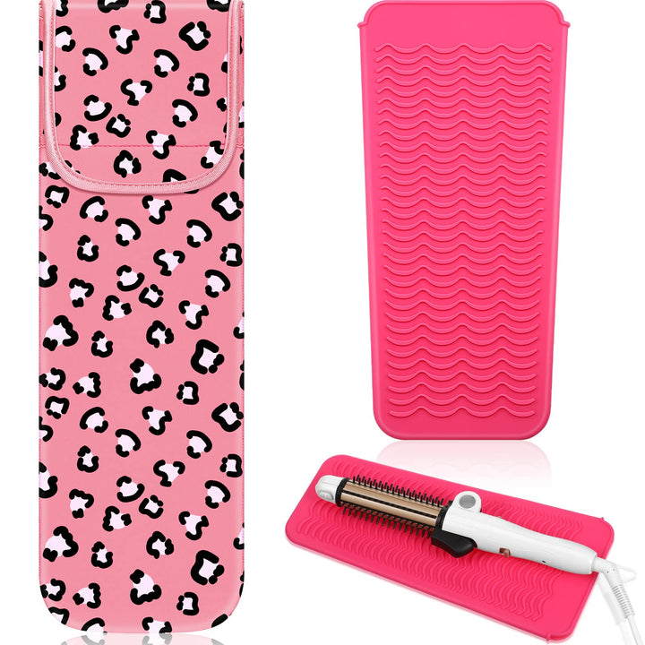 2 Pieces Flat Iron Case Holder Heat Resistant Curling Iron Neoprene Straightener Holder and Silicone Travel Mat for Hair Tools Curling Iron Organizer Bag or Daily Use(Cute Style)
