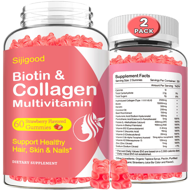2 Pack Collagen Gummies for Women Men, Women Over 50, Collagen Peptides Protein Type I,II,III,V,X with Biotin Keratin Vitamin C A B6 B12 D E for Skin Hair Nails Immunity Energy Digestion 120 Gummie